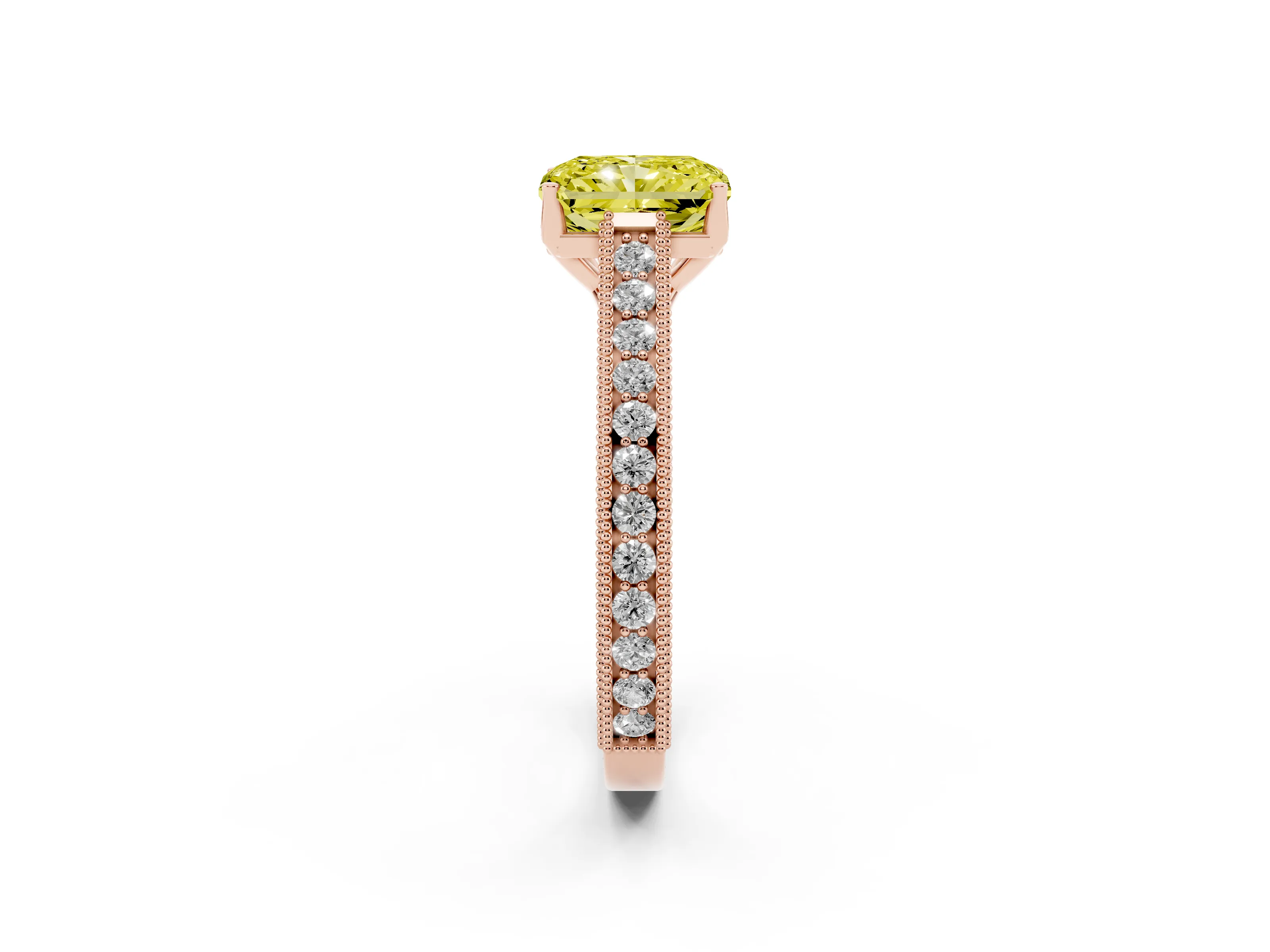 Fancy Yellow Radiant Cut Diamond Milgrain Pavé Band Solitaire Ring Set in Rose gold with Prong Setting