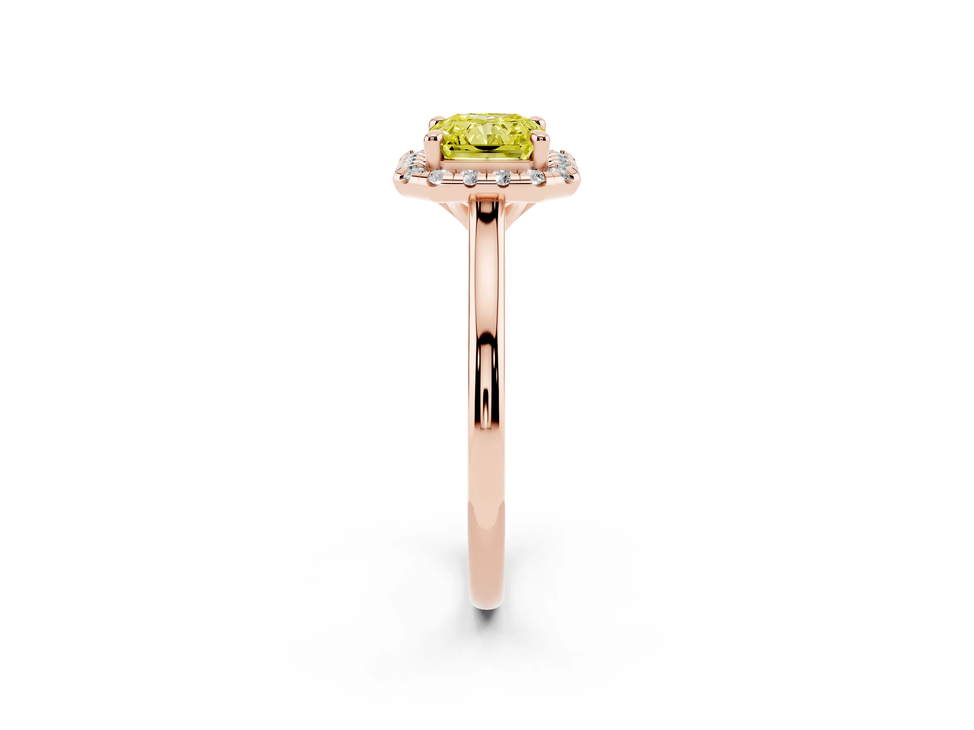 Fancy Yellow Radiant Cut Diamond Halo Engagement Ring Set in Rose gold with Pavé Band and Rising Shoulders