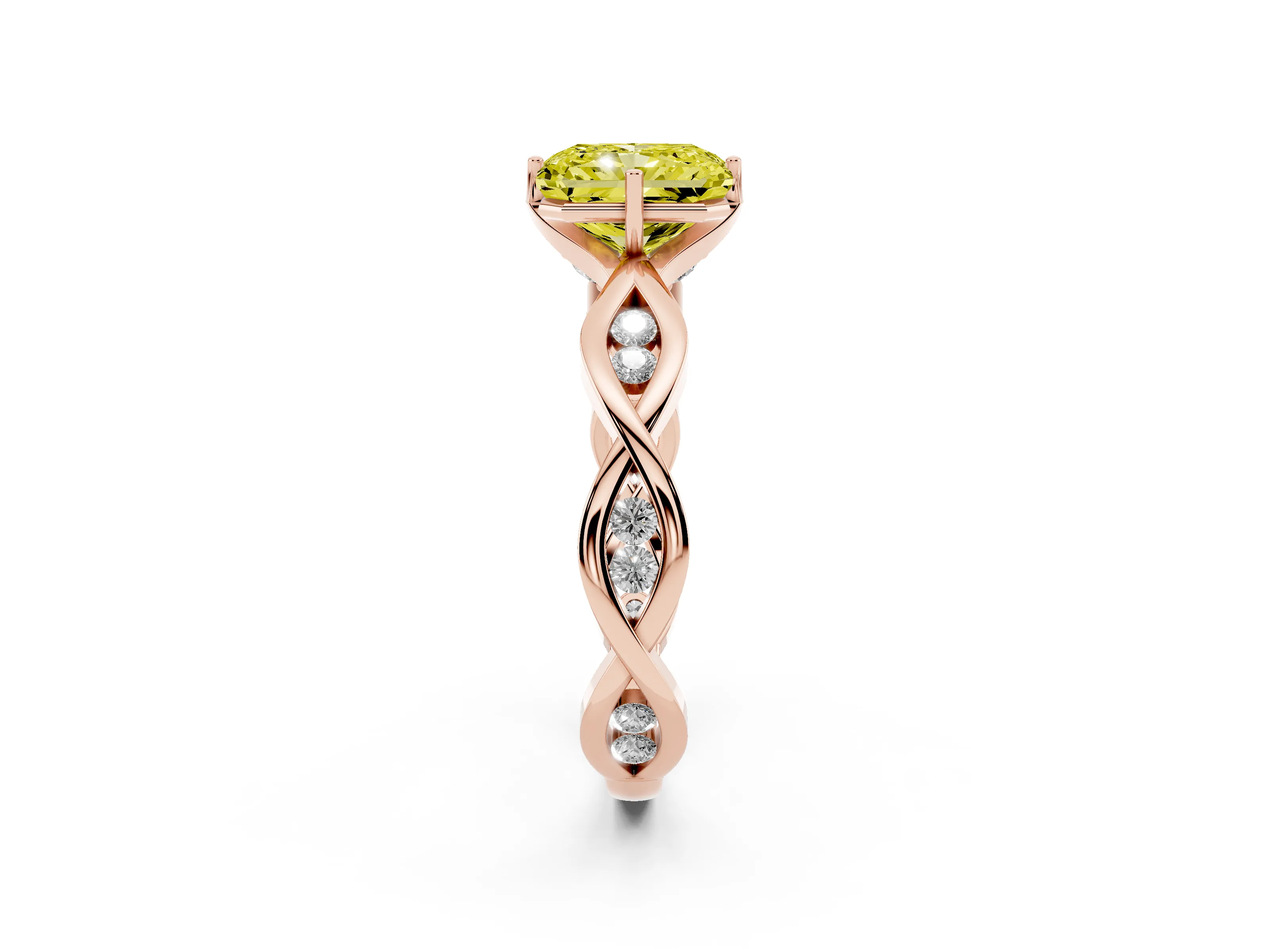Fancy Yellow Radiant Cut Diamond Twist Band Solitaire Ring Set in Rose gold with Leaf Prong Setting and Accent Stones