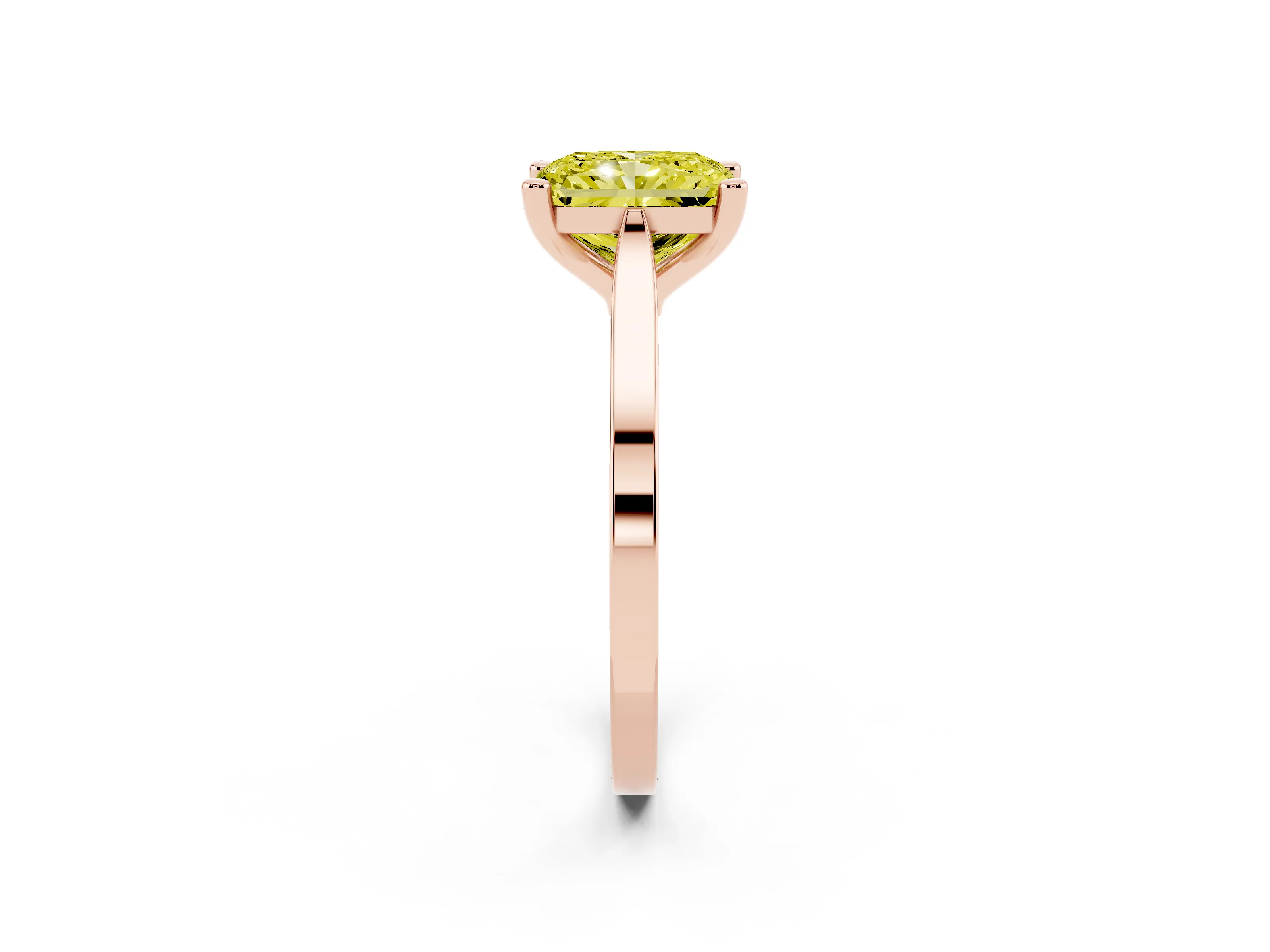Fancy Yellow Radiant Cut Diamond Solitaire Ring Set in Rose gold with Prong Setting and Tapered Band