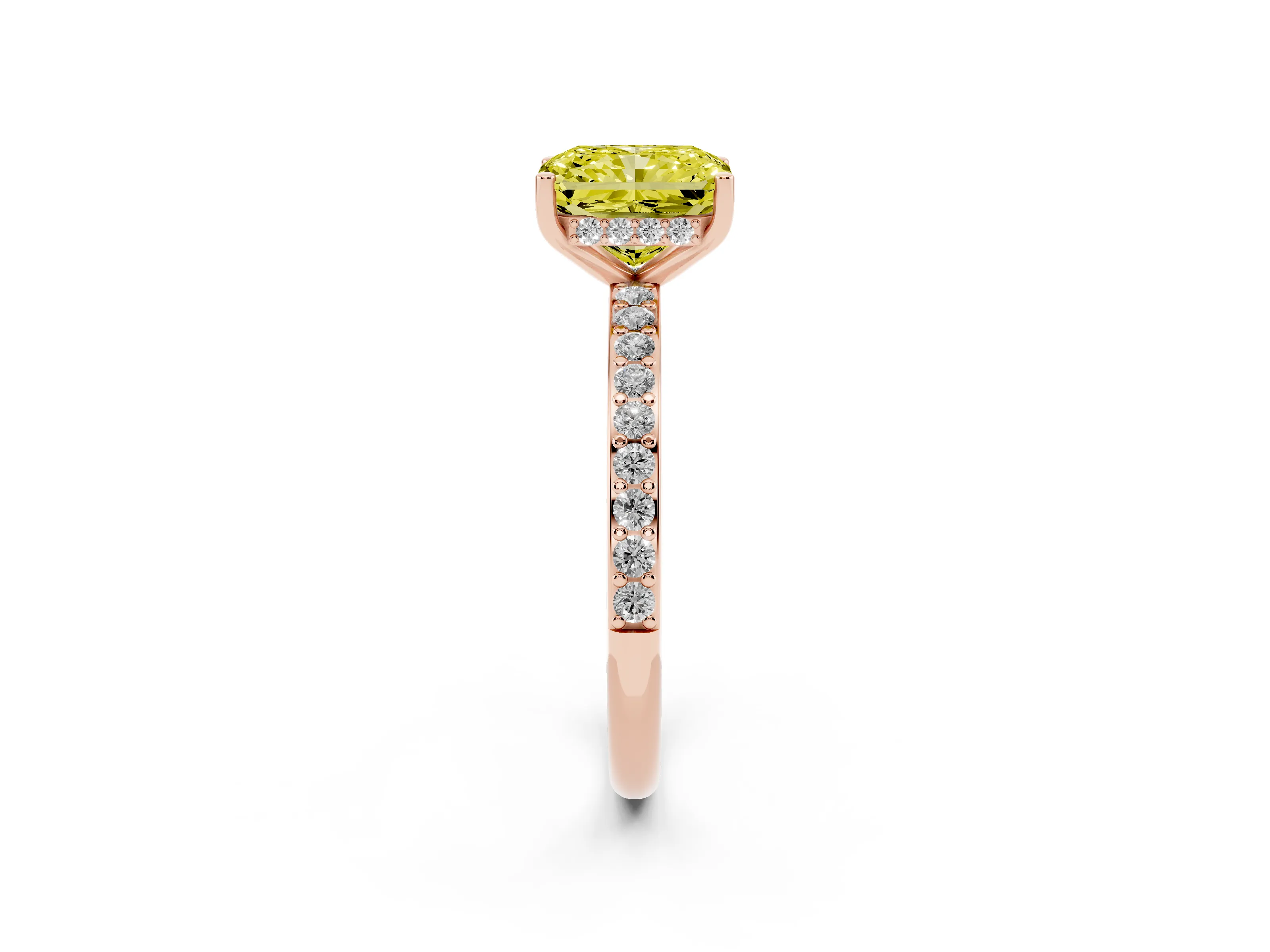 Fancy Yellow Radiant Cut Diamond Pavé Band Ring Set in Rose gold with Prong-Set Center Stone