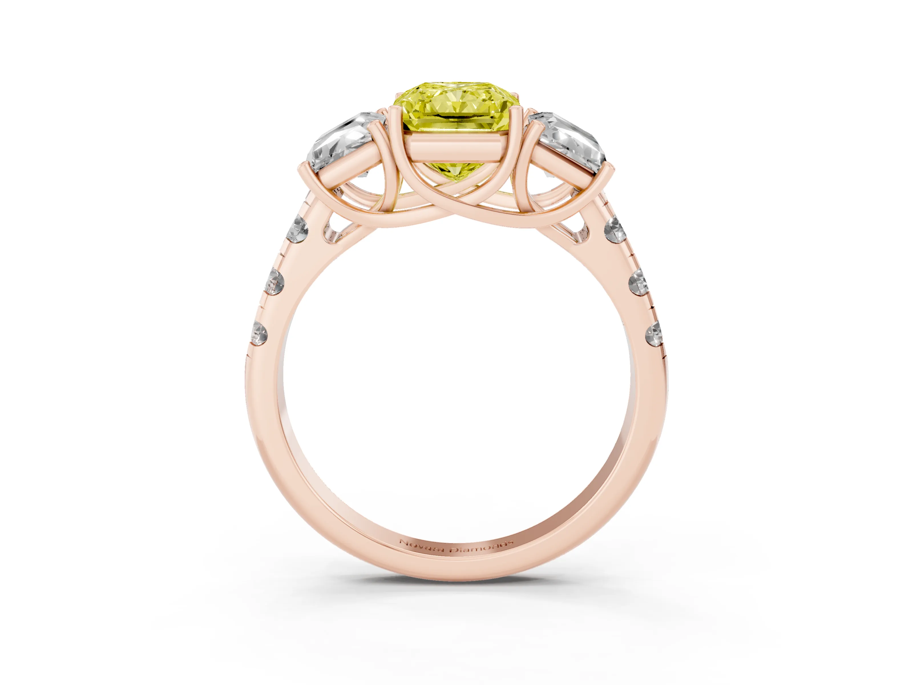 Fancy Yellow Radiant Cut Diamond Three-Stone Ring Set in Rose gold with Pavé Band