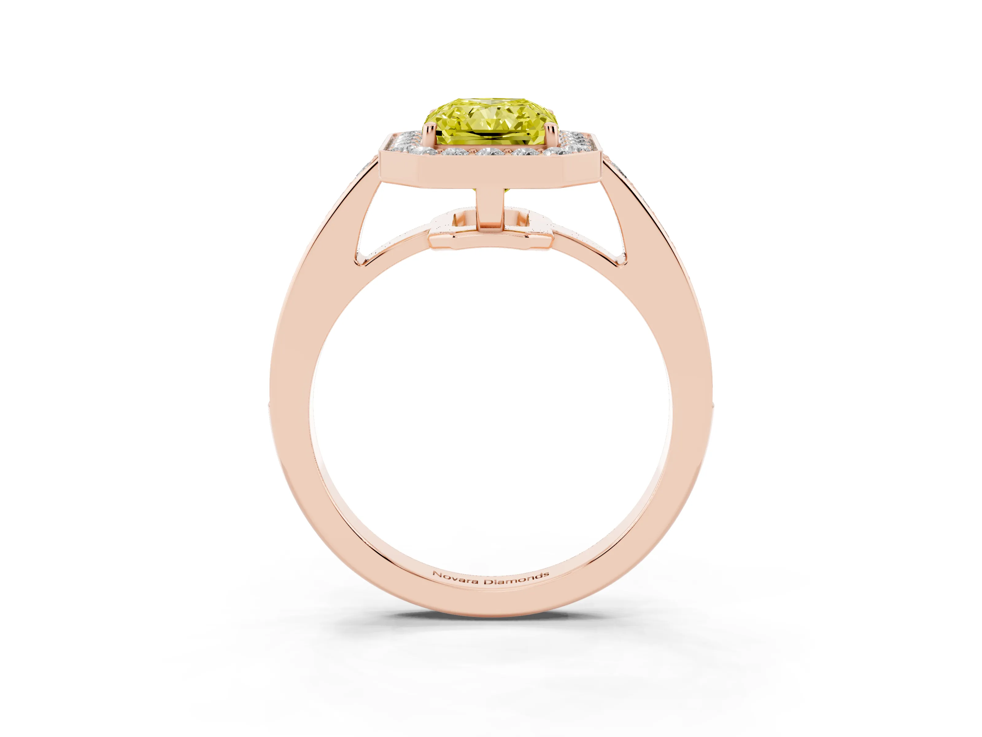 Fancy Yellow Radiant Cut Diamond Halo Pavé Engagement Ring Set in Rose gold with Bezel Setting