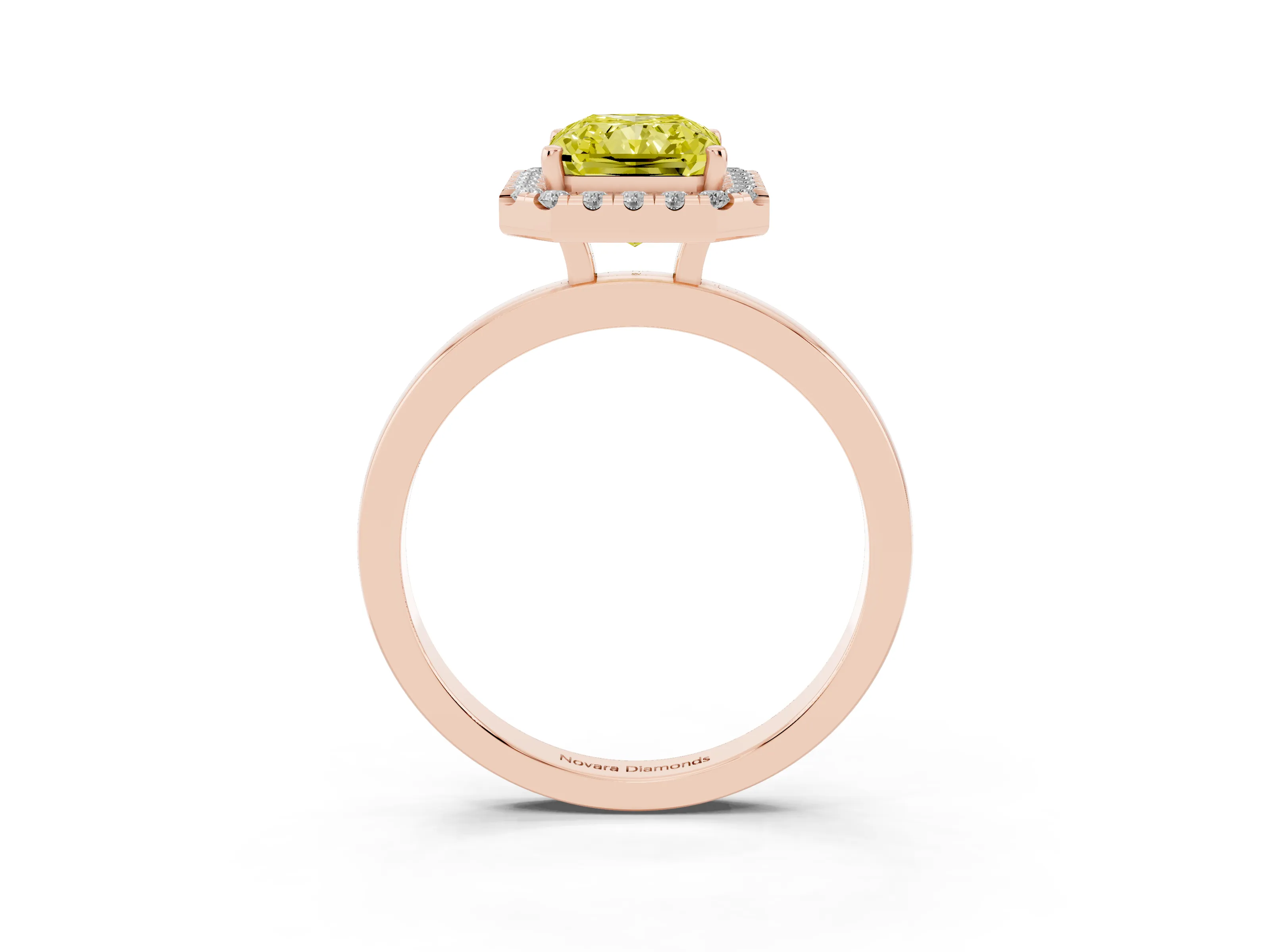 Fancy Yellow Radiant Cut Diamond Halo Solitaire Ring Set in Rose gold with Pavé Band and Prong Setting