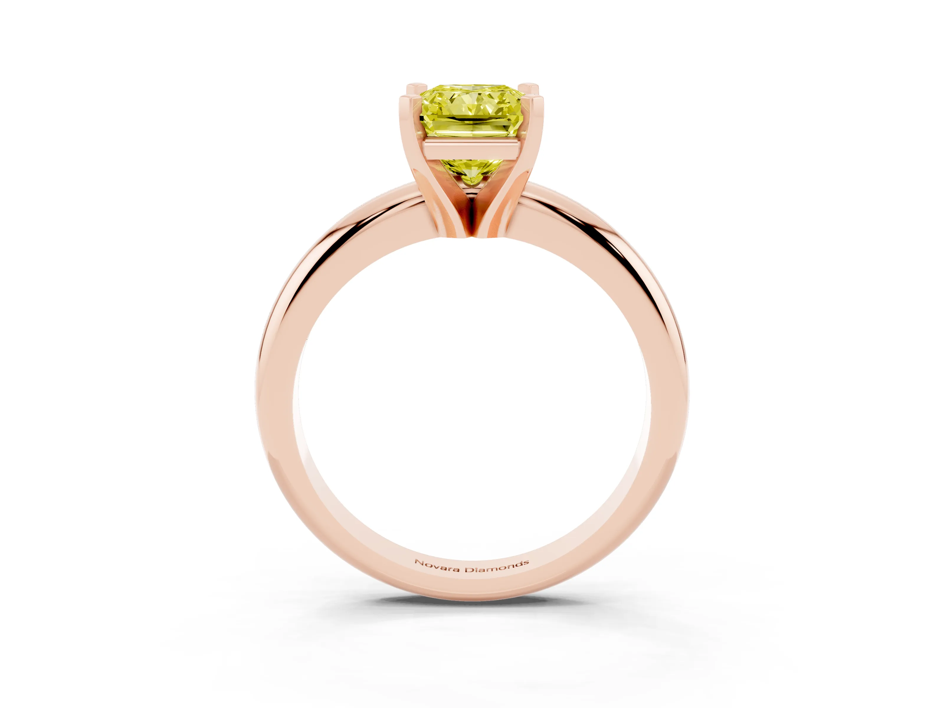 Fancy Yellow Radiant Cut Diamond Solitaire Engagement Ring Set in Rose gold with Round Band and Prong Setting