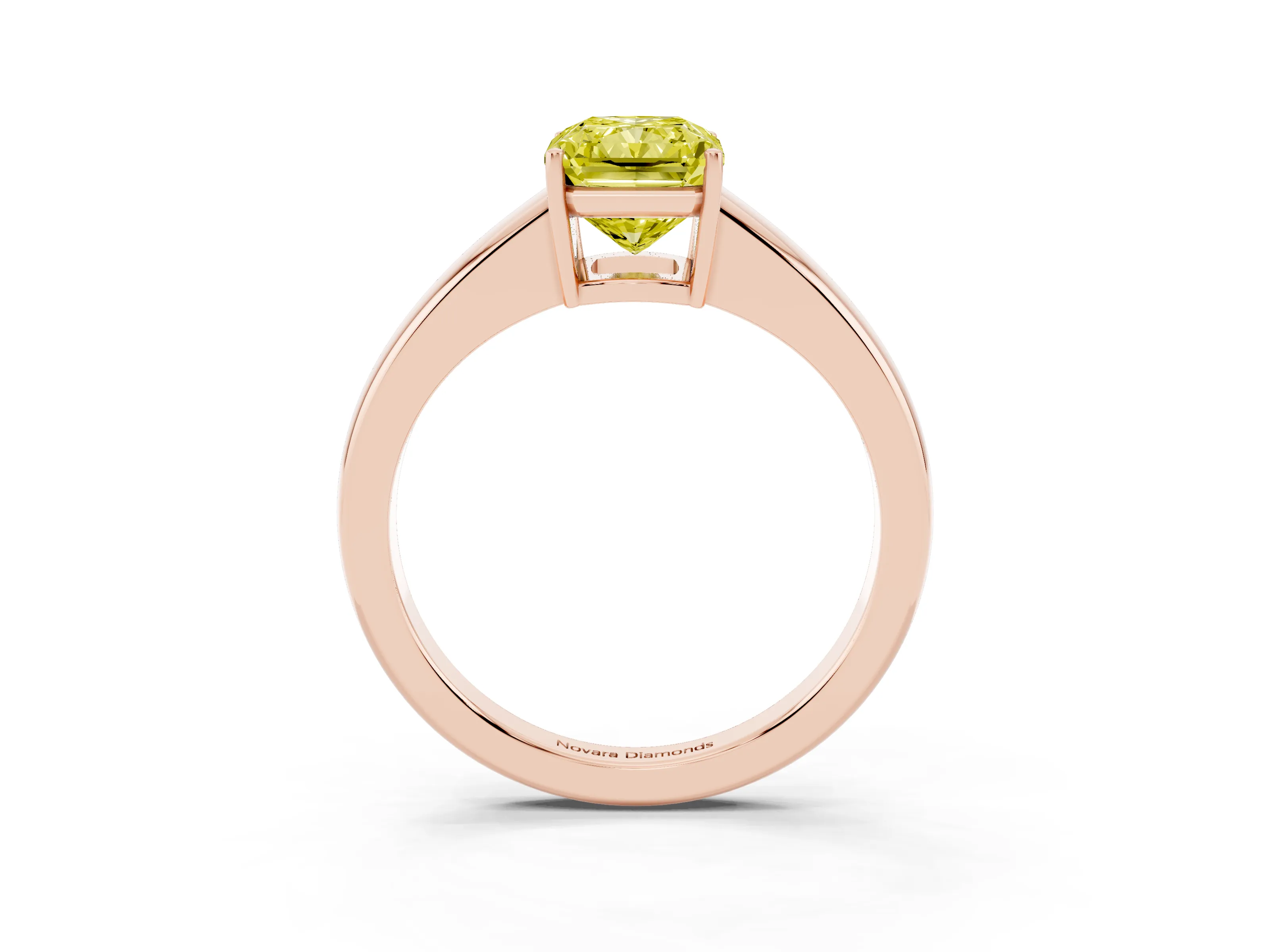 Fancy Yellow Radiant Cut Diamond Solitaire Ring Set in Rose gold with Tapered Band and Prong Setting
