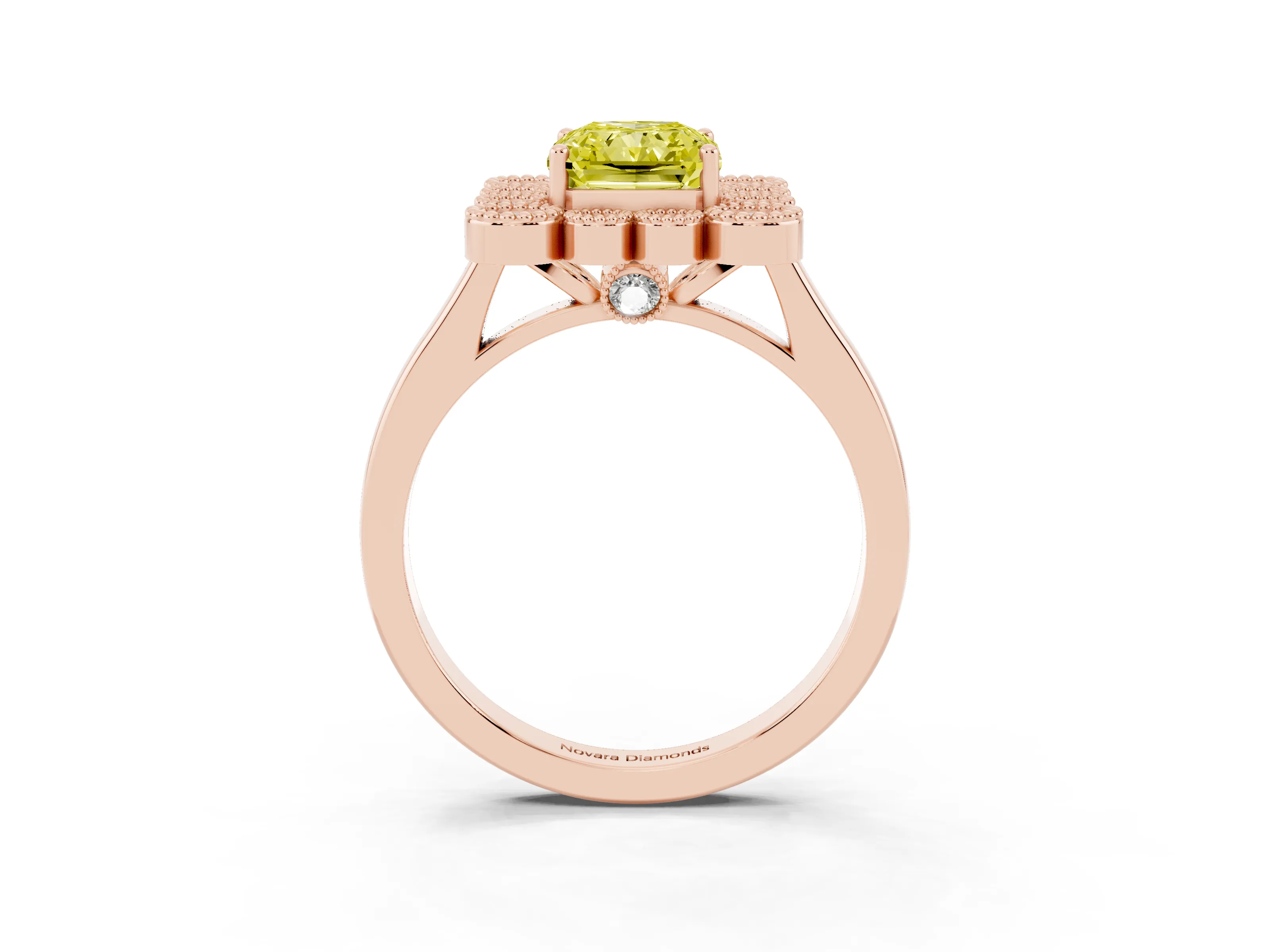 Fancy Yellow Radiant Cut Diamond Cluster Halo Ring Set in Rose gold with Milgrain Bezel Accents and Plain Band