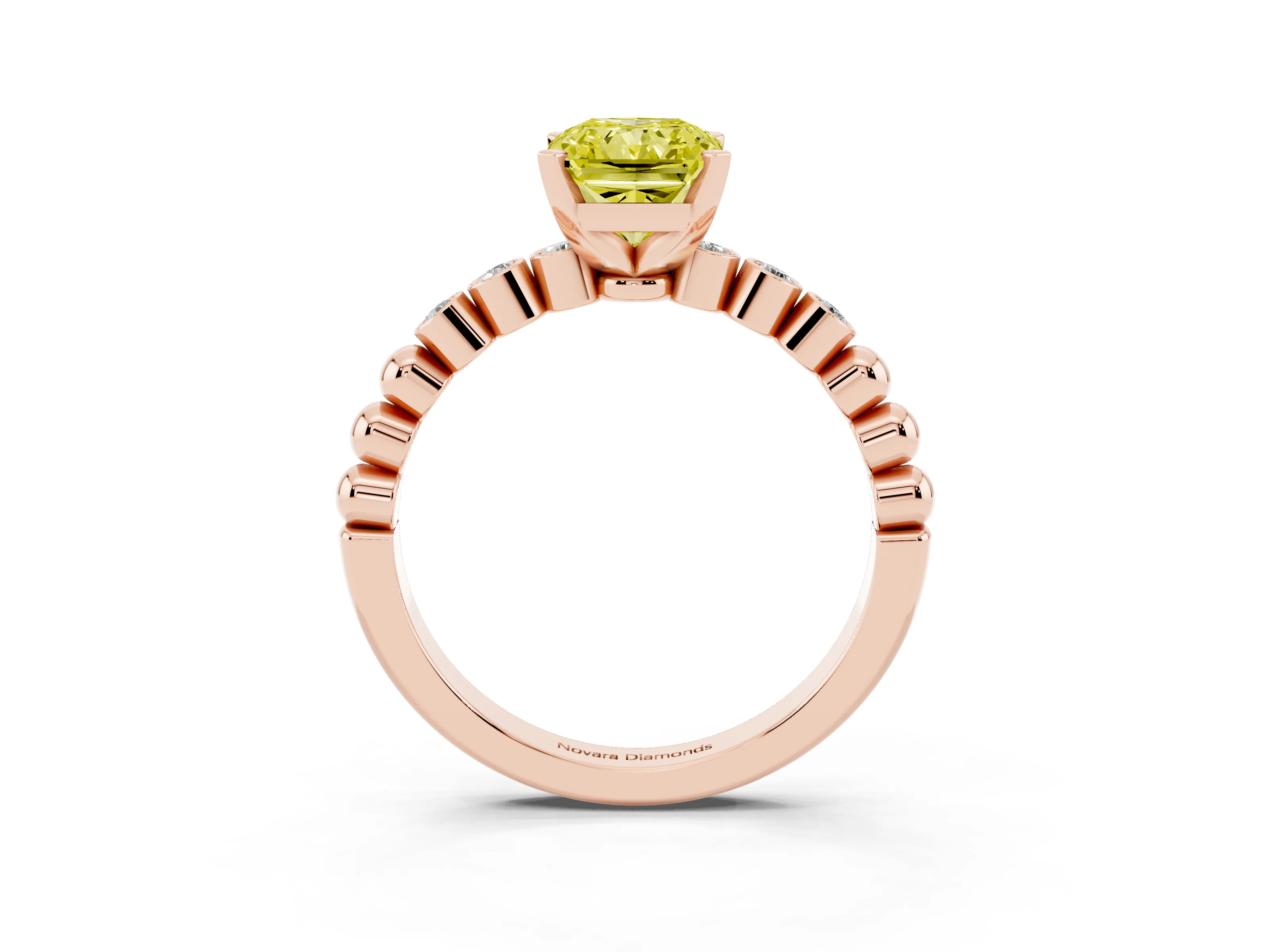 Fancy Yellow Radiant Cut Diamond Solitaire Engagement Ring Set in Rose gold with Bezel Accents on Beaded Band