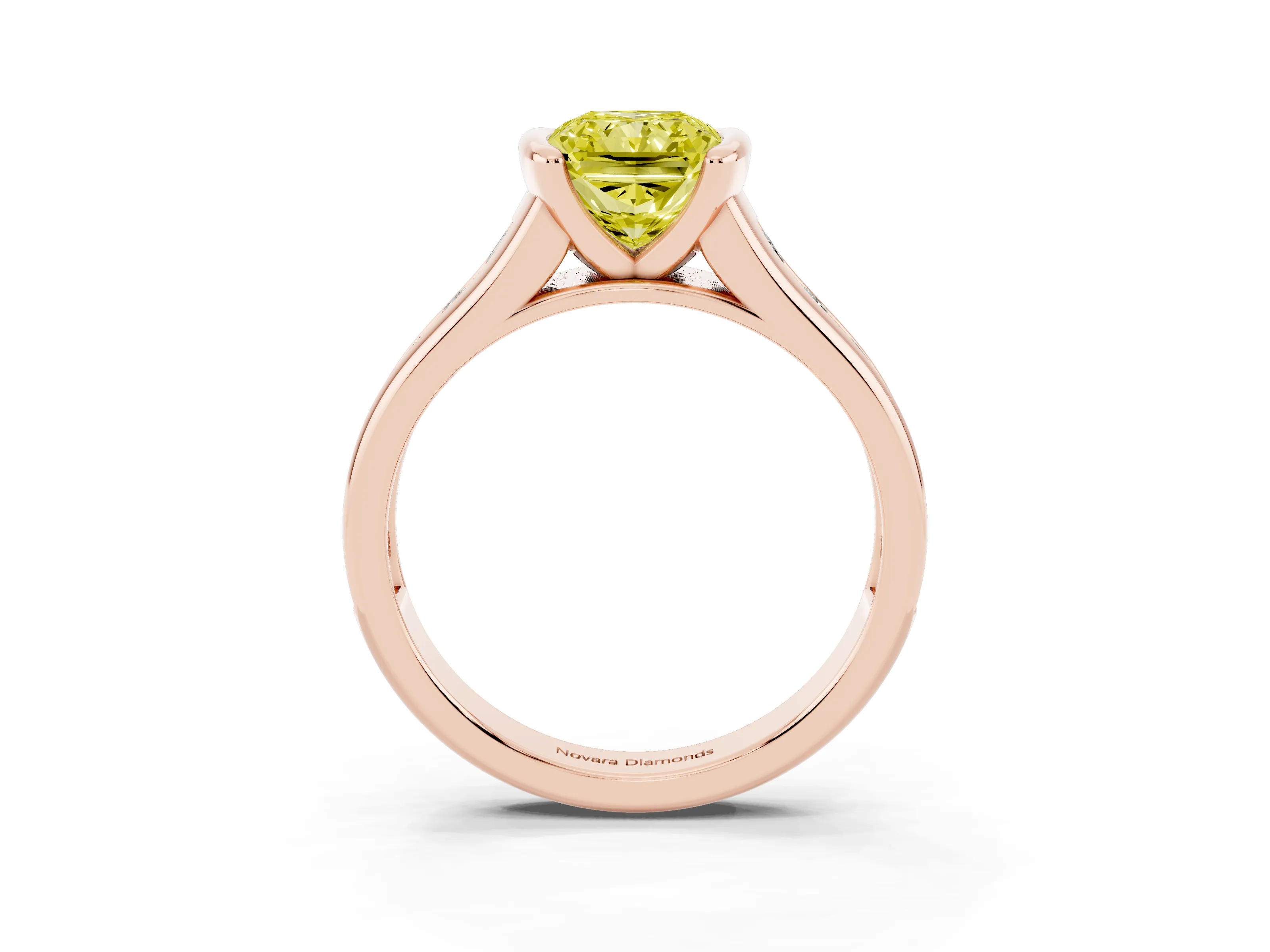 Fancy Yellow Radiant Cut Diamond Bezel-Set Solitaire Ring Set in Rose gold with Channel-Set Band
