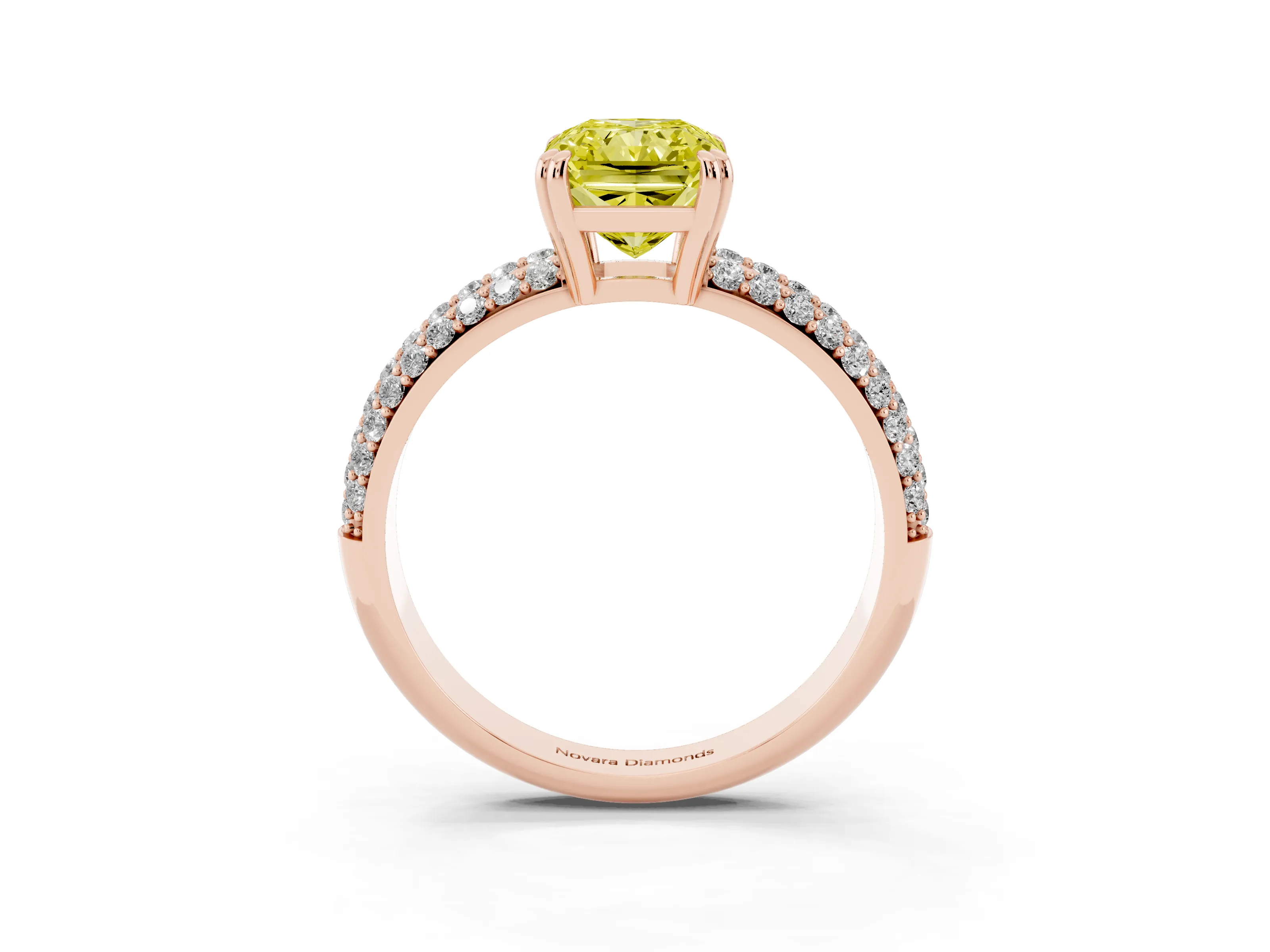 Fancy Yellow Radiant Cut Diamond Solitaire Ring Set in Rose gold with Multi-Row Round Pavé Band and Prong Setting