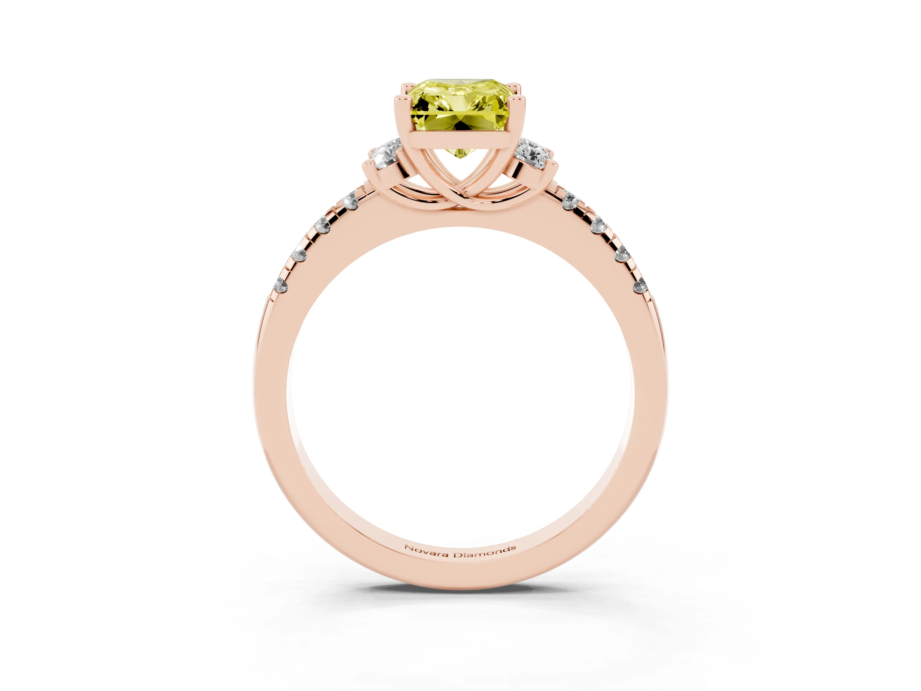 Fancy Yellow Radiant Cut Diamond Three-Stone Pavé Ring Set in Rose gold with Prong Setting