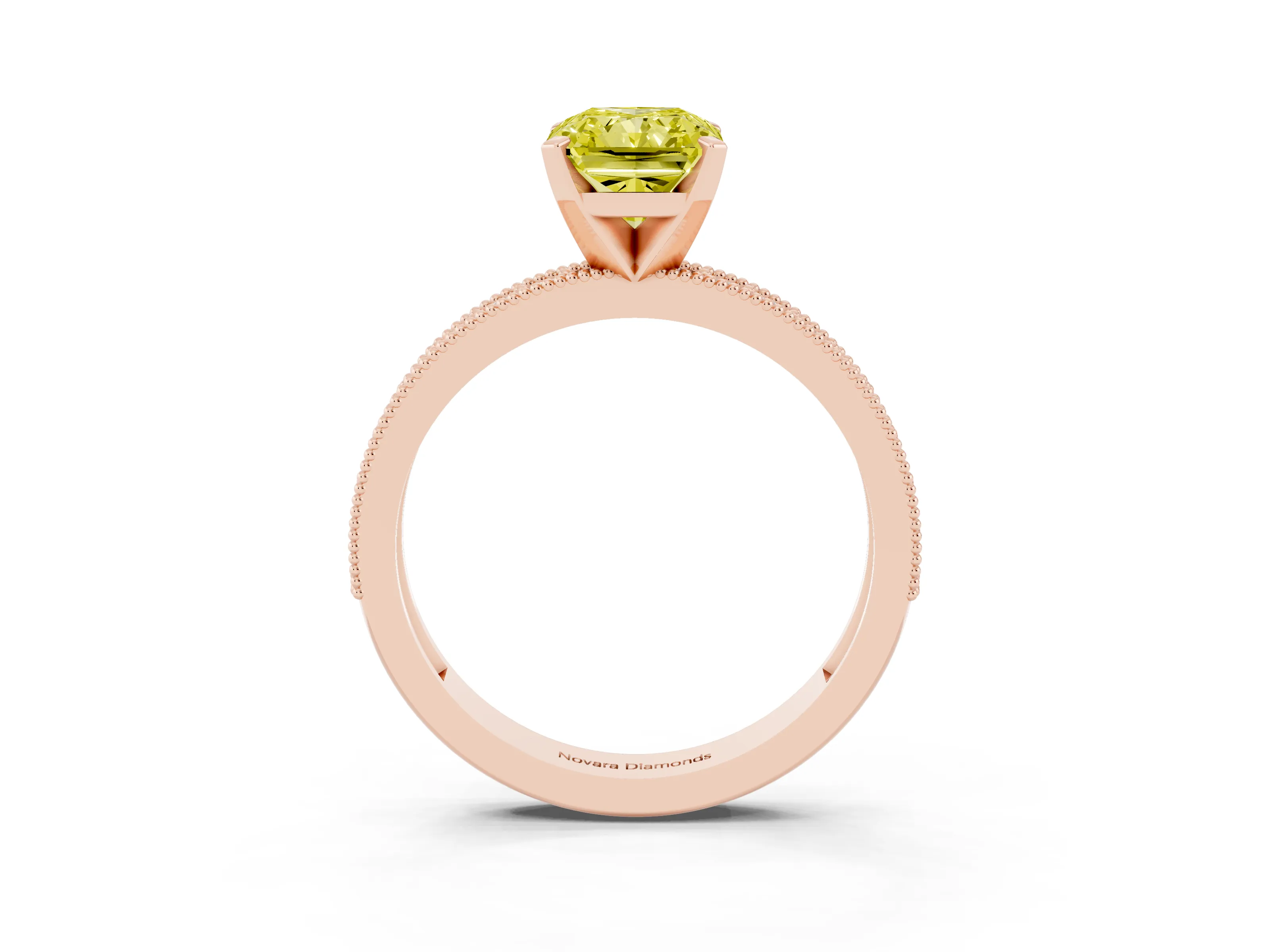 Fancy Yellow Radiant Cut Diamond Milgrain Pavé Engagement Ring Set in Rose gold with Prong Setting