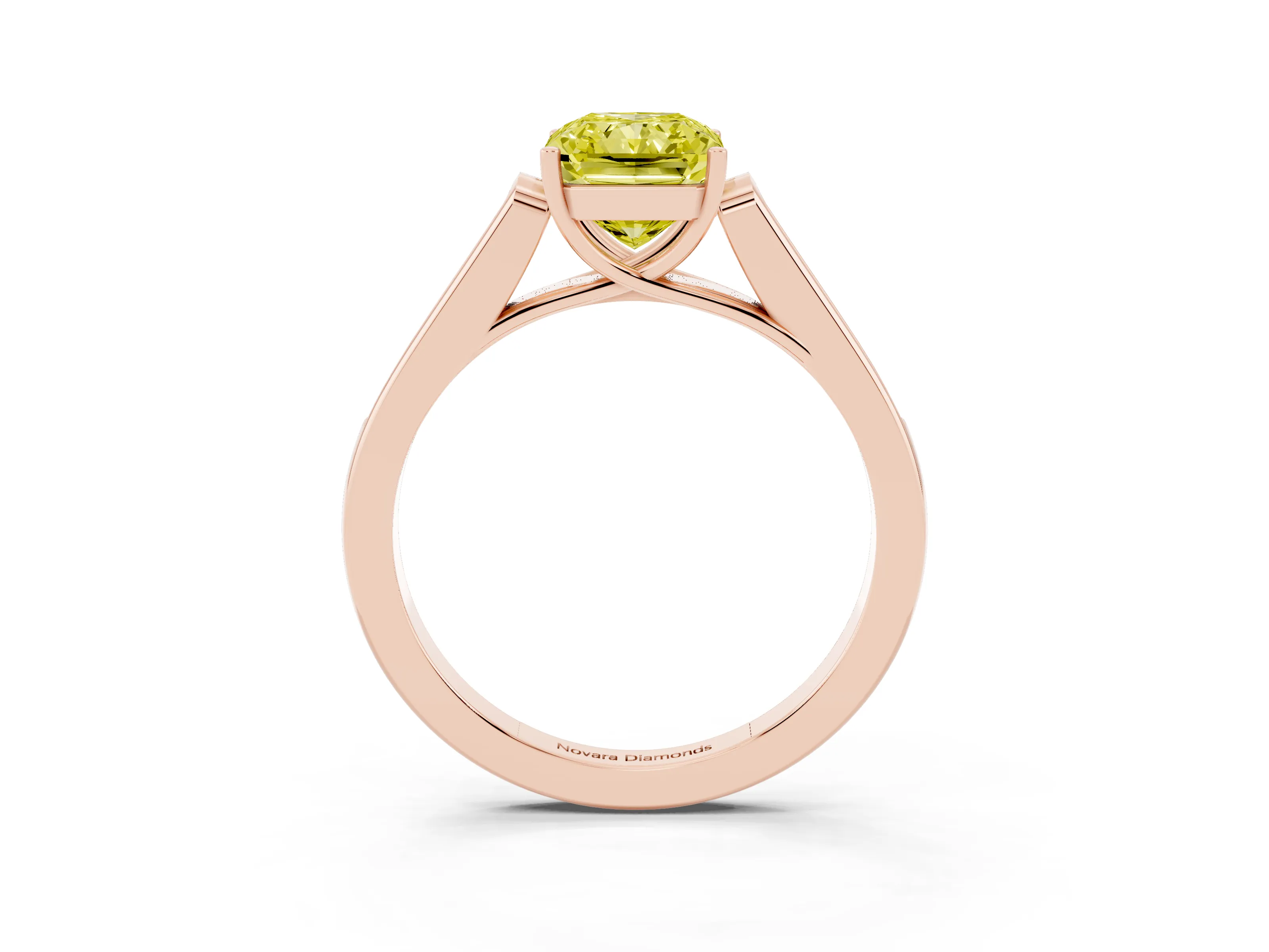 Fancy Yellow Radiant Cut Diamond Solitaire Cathedral Engagement Ring Set in Rose gold with Channel-Set Band and Prong Setting