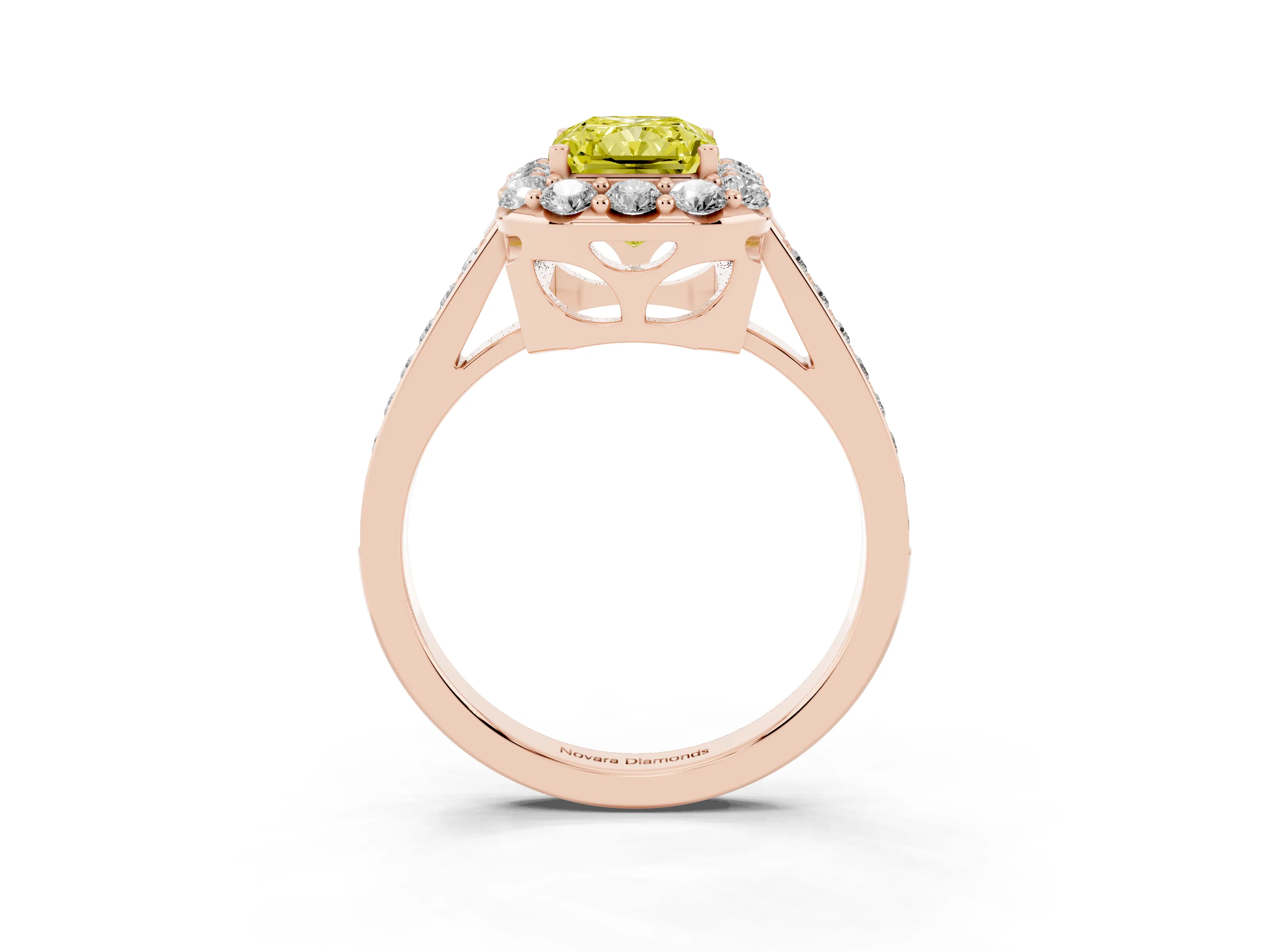 Fancy Yellow Radiant Cut Diamond Floral Halo Ring Set in Rose gold with Pavé Band and Prong Setting