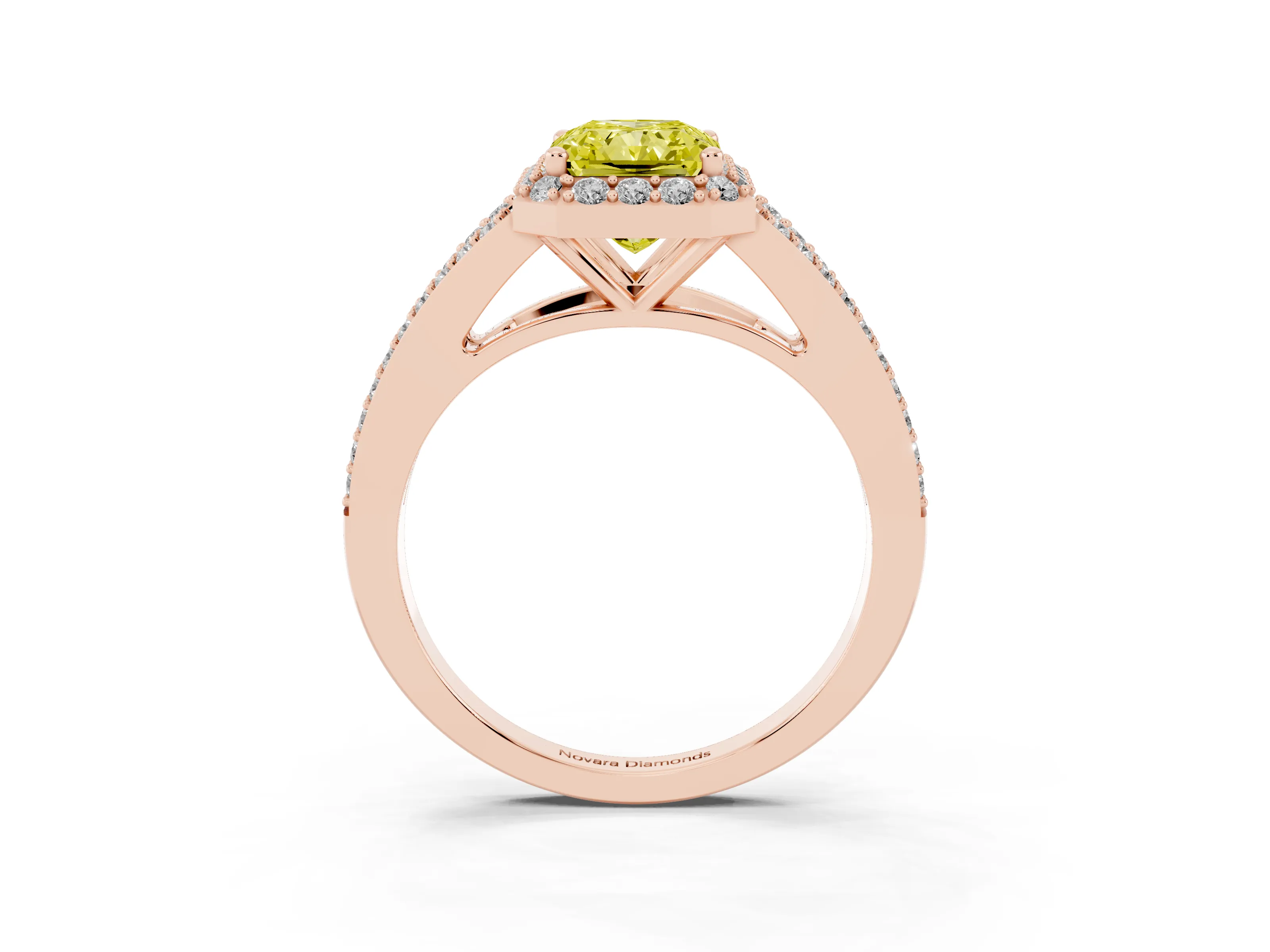 Fancy Yellow Radiant Cut Diamond Halo Split Shank Pavé Ring Set in Rose gold with Prong Setting