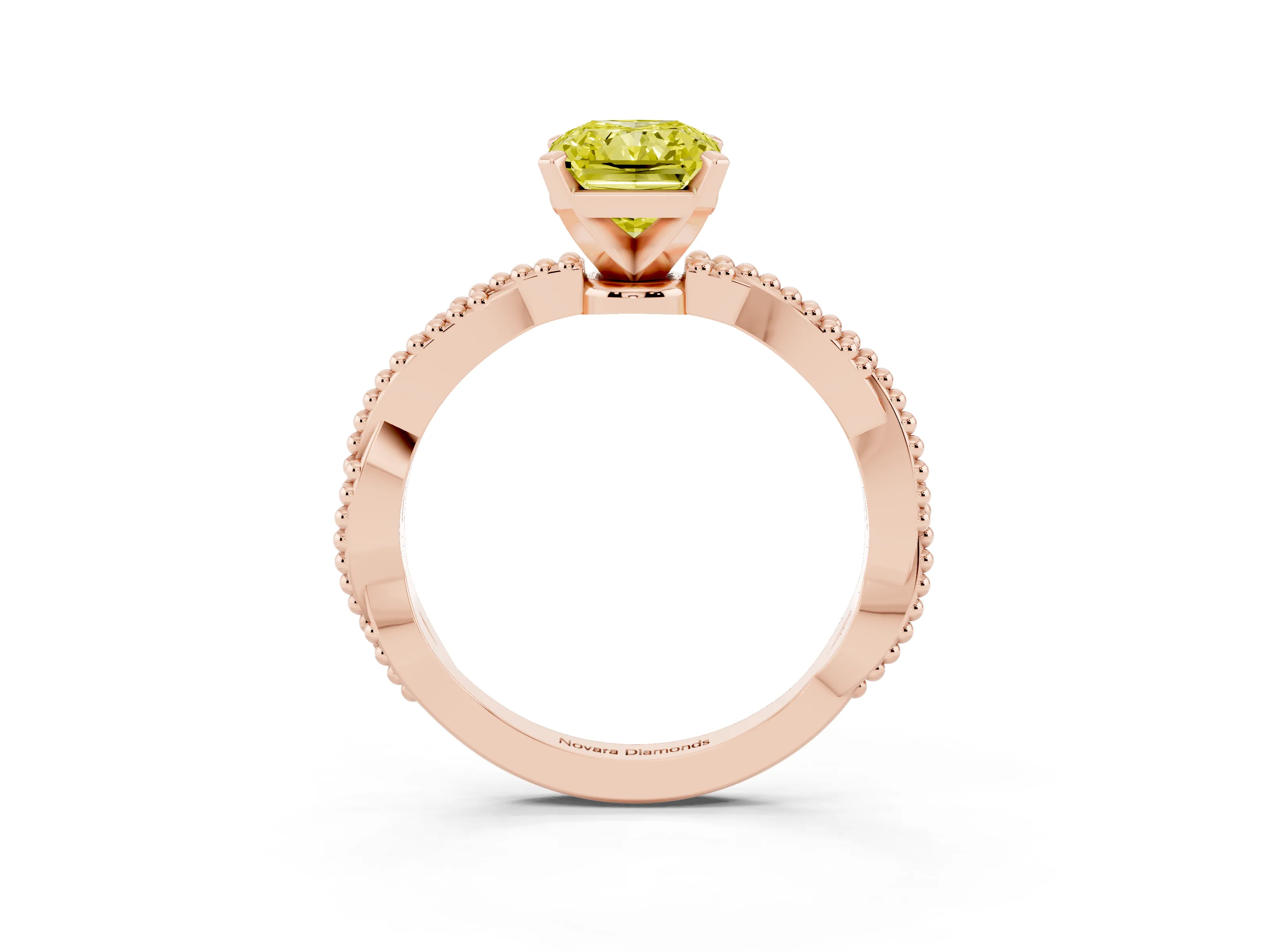 Fancy Yellow Radiant Cut Diamond Solitaire Ring Set in Rose gold with Twisted Band and Bead Prong Setting