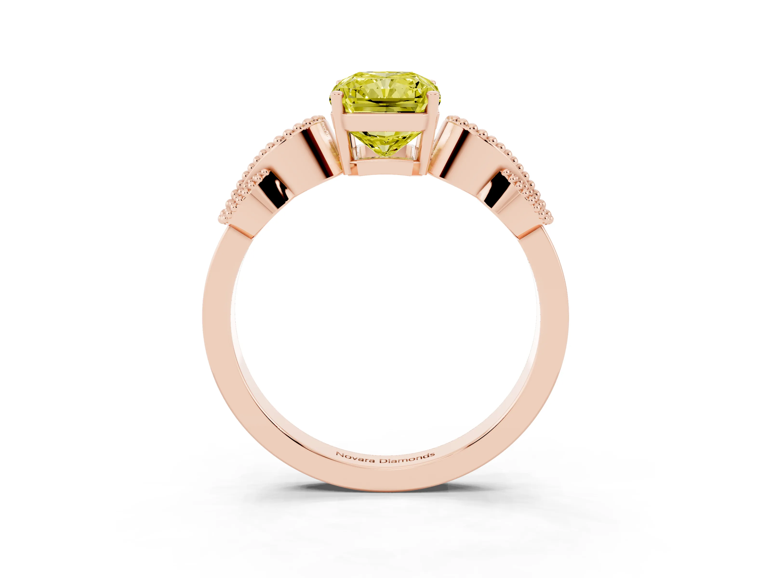 Fancy Yellow Radiant Cut Diamond Milgrain Leaf Band Solitaire Ring Set in Rose gold with Accent Stones and Prong Setting