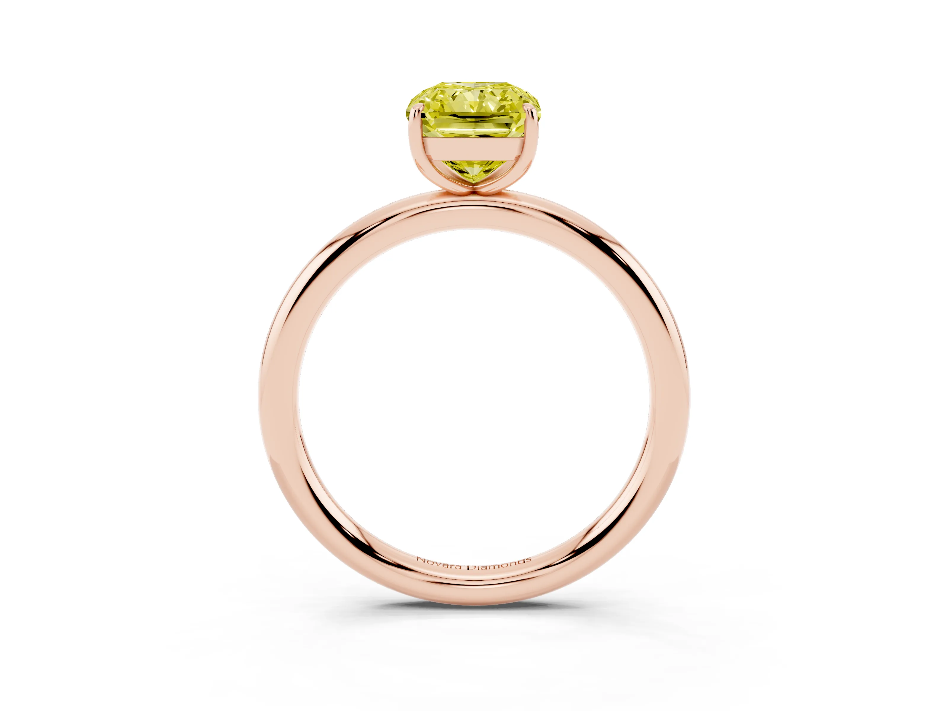 Fancy Yellow Radiant Cut Diamond Solitaire Ring Set in Rose gold with Prong Setting on a Polished Plain Band