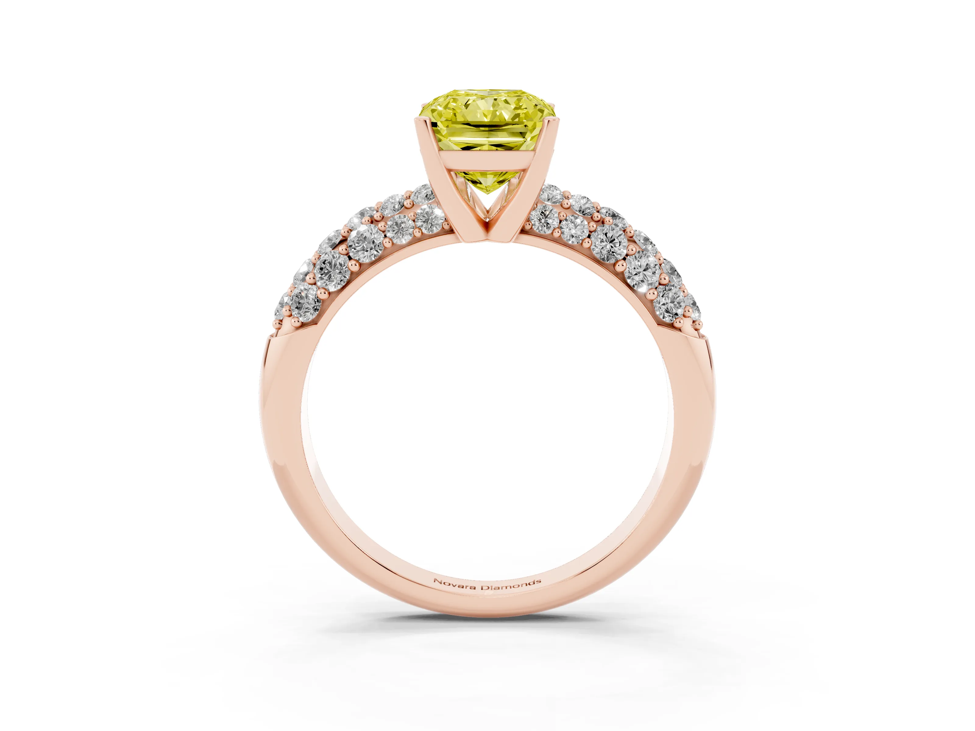 Fancy Yellow Radiant Cut Diamond Pavé Band Solitaire Ring Set in Rose gold with Close-Set Accent Stones and Prong Setting