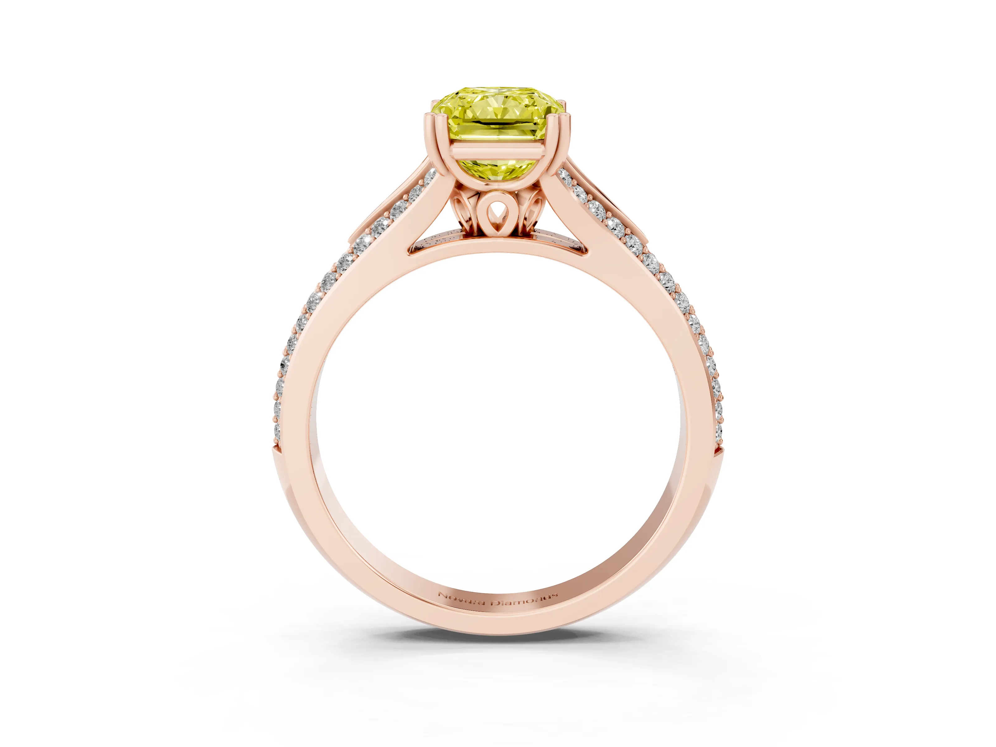 Fancy Yellow Radiant Cut Diamond Split Shank Pavé Engagement Ring Set in Rose gold with Prong-Set Center Stone