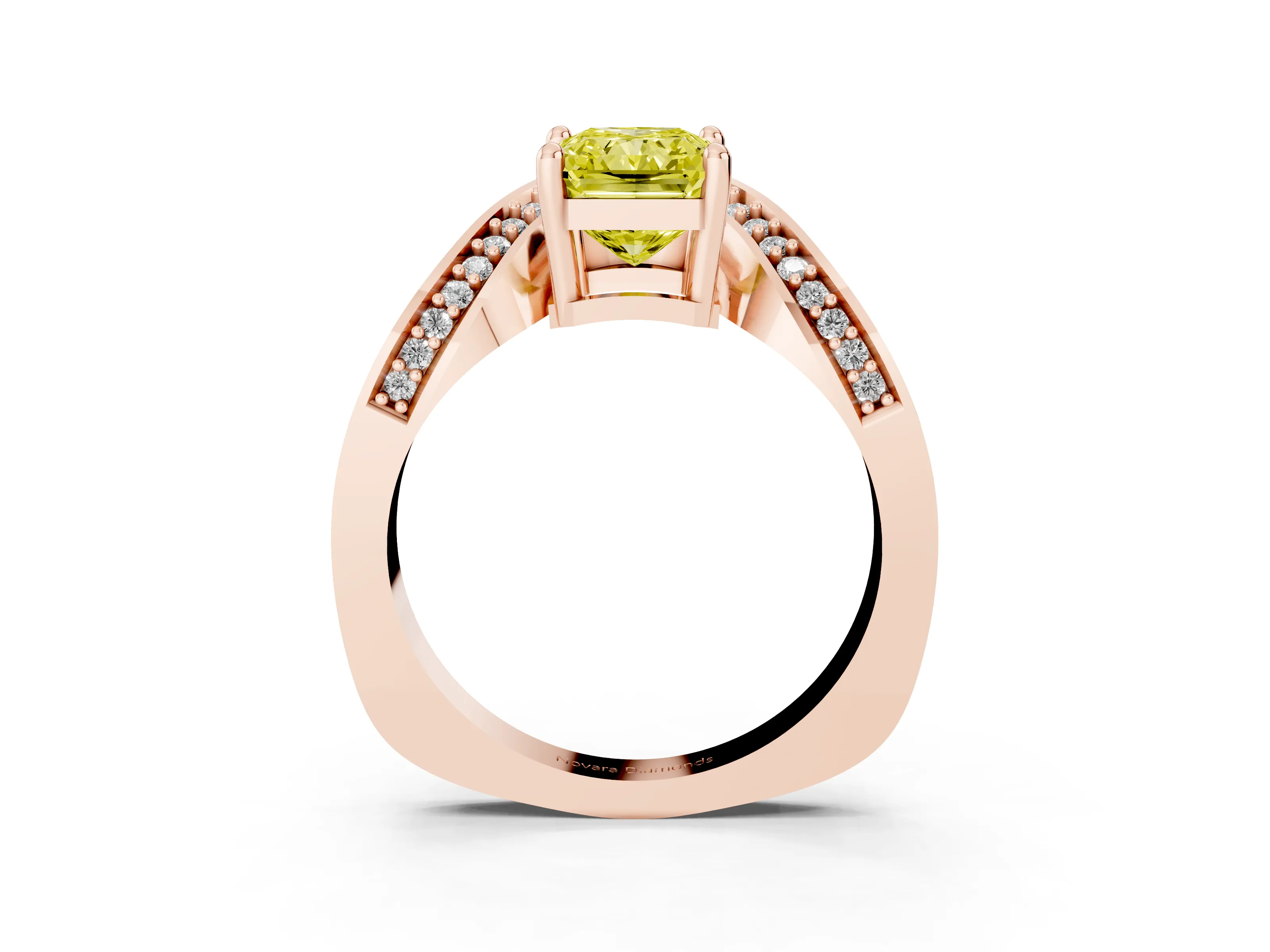Fancy Yellow Radiant Cut Diamond Solitaire Engagement Ring Set in Rose gold with Pavé Shoulders