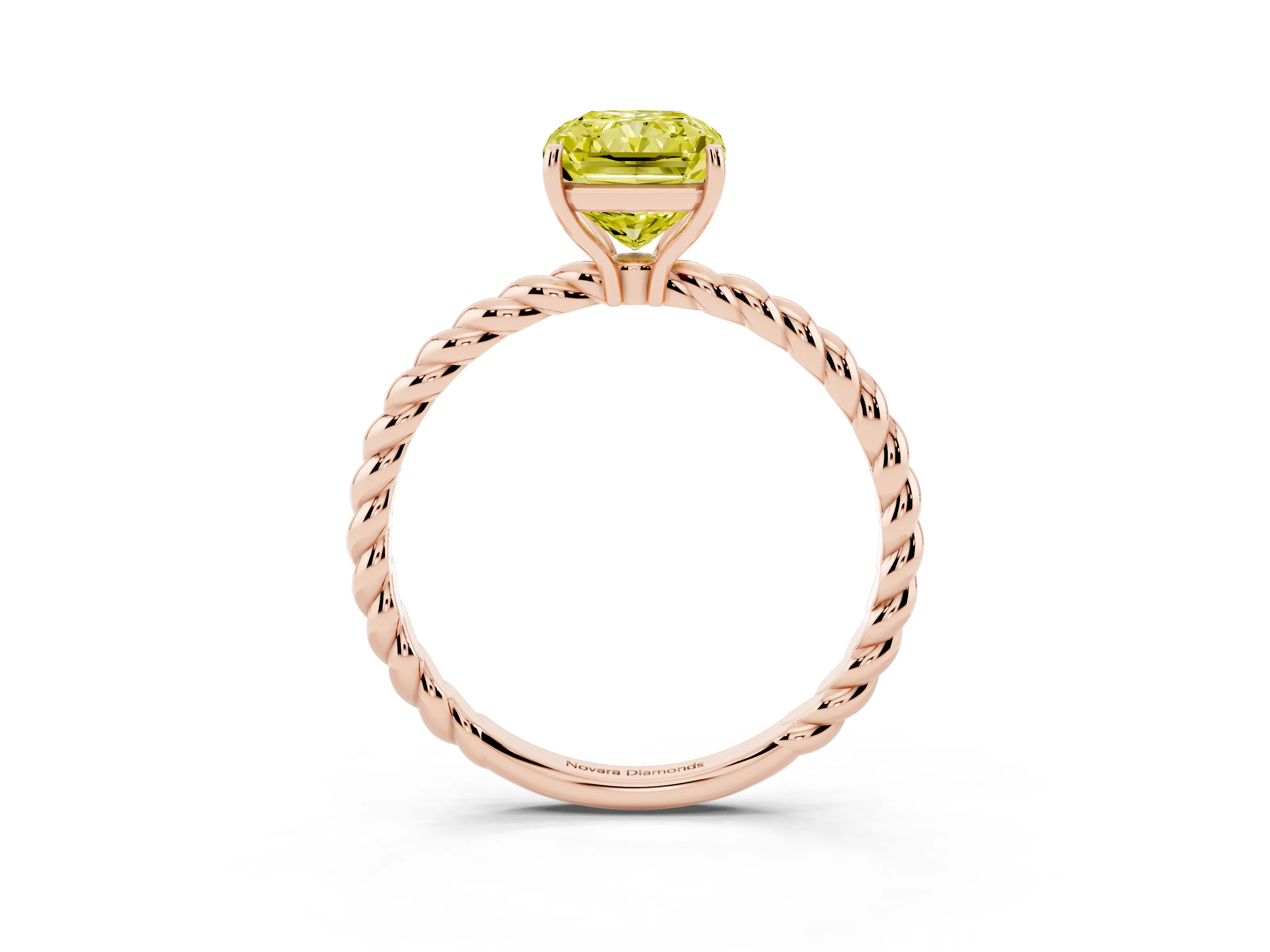Fancy Yellow Radiant Cut Diamond Solitaire Ring Set in Rose gold with Twist Band and Prong Setting