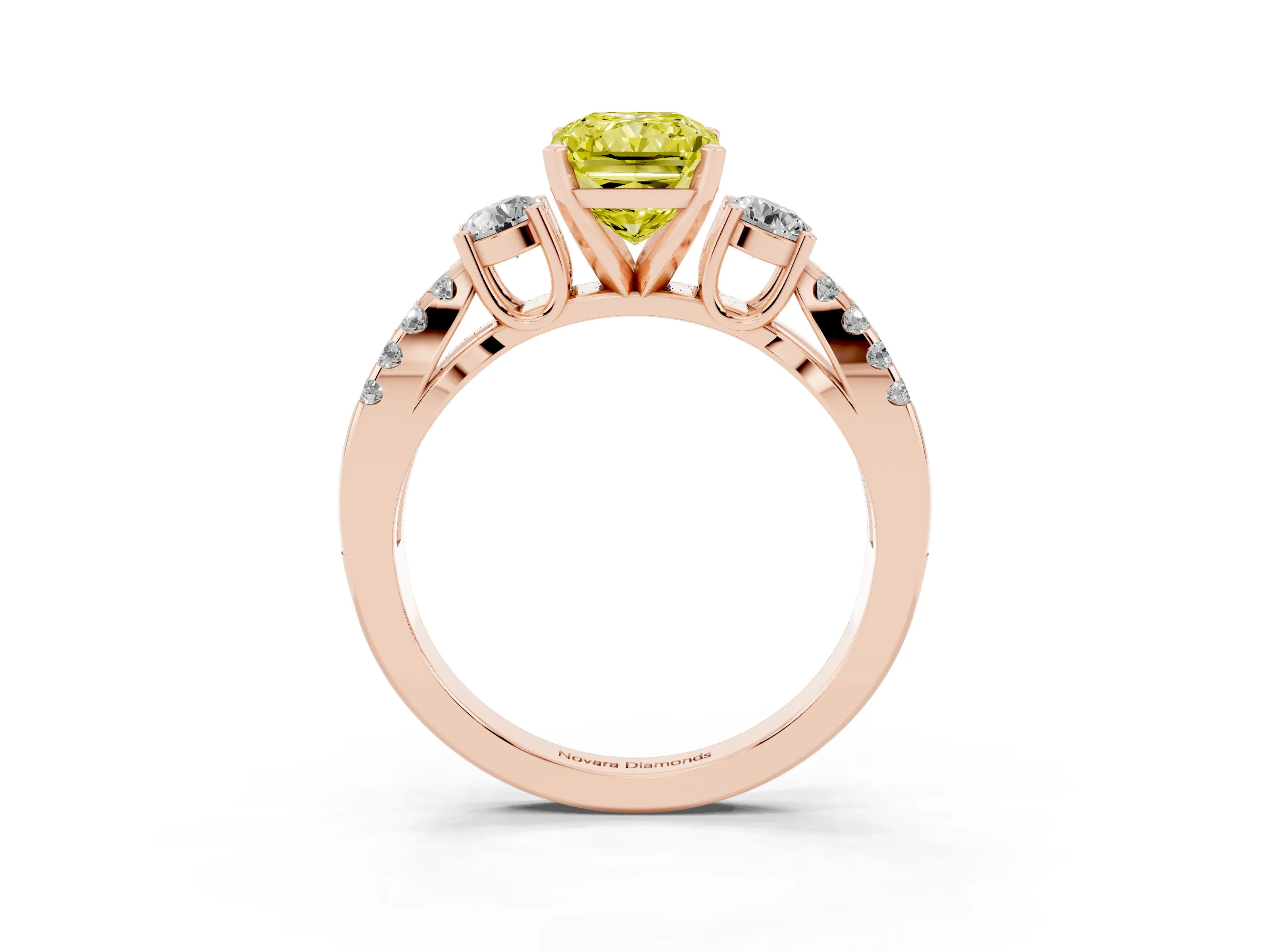 Fancy Yellow Radiant Cut Diamond Three-Stone Ring Set in Rose gold with Pavé Split Shank and Prong Setting