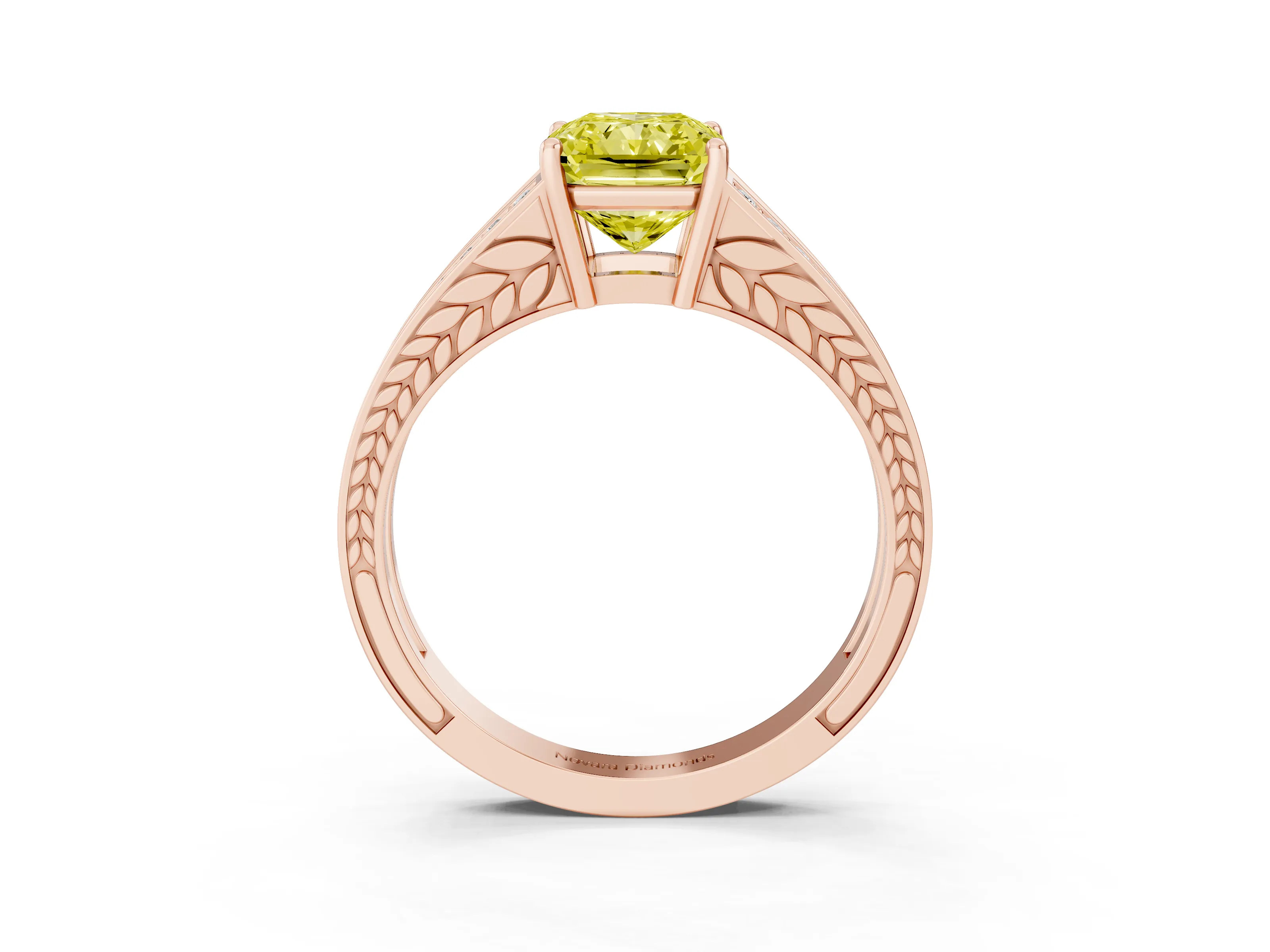 Fancy Yellow Radiant Cut Diamond Split Shank Ring Set in Rose gold with Pavé Band and Prong Setting