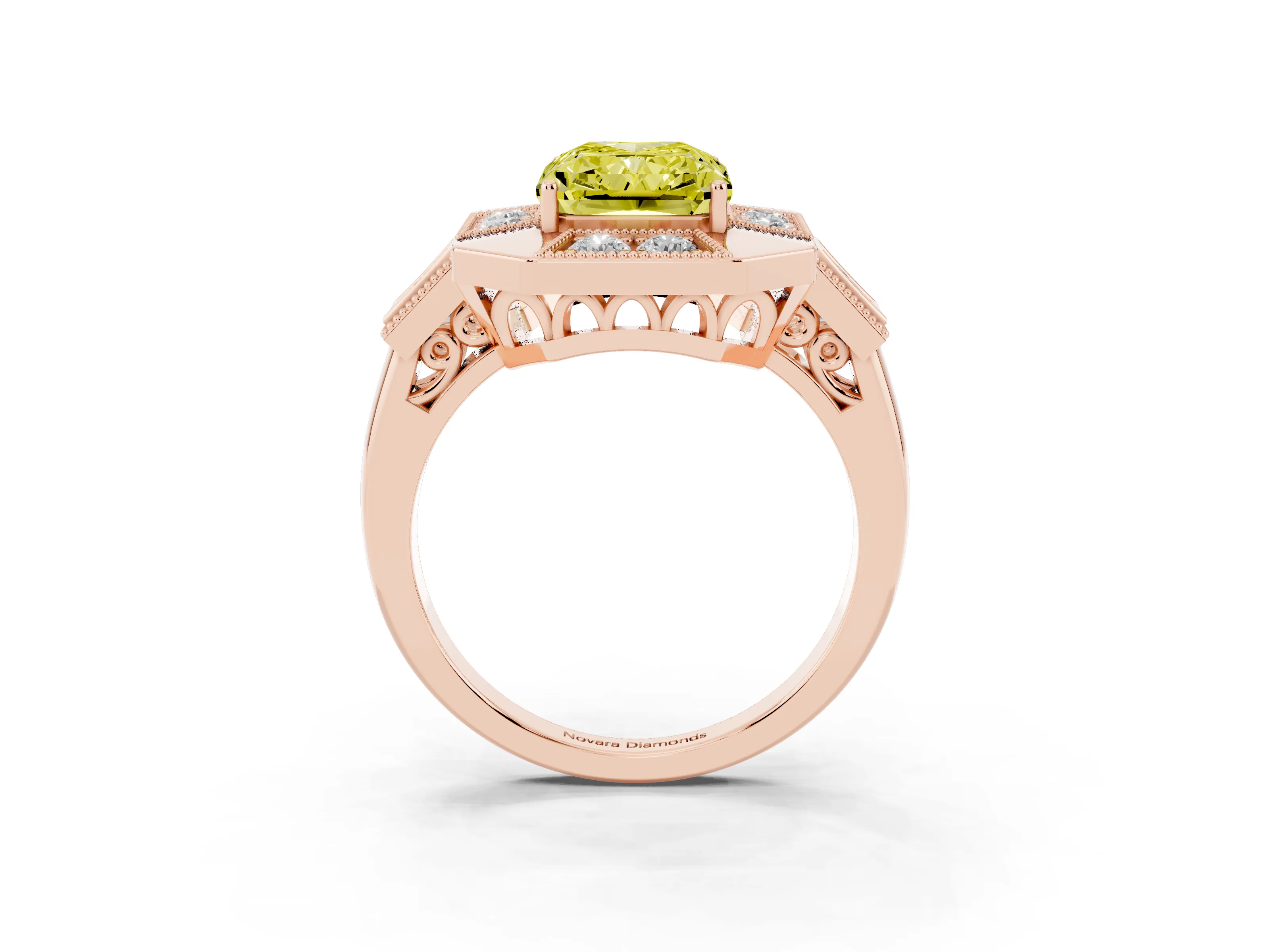 Fancy Yellow Radiant Cut Diamond Milgrain Halo Ring Set in Rose gold with Split Shank
