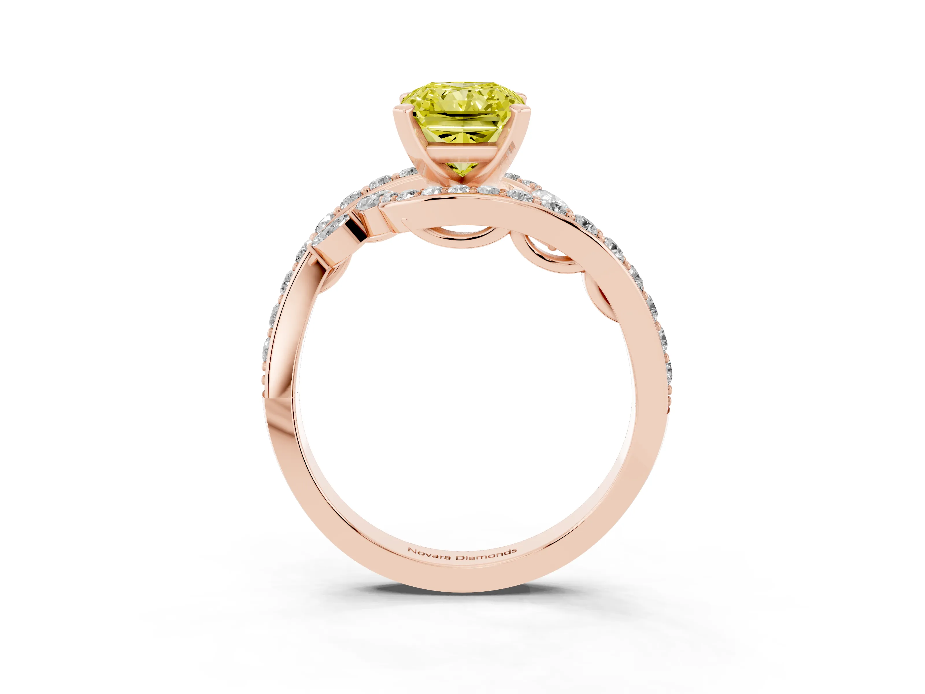 Fancy Yellow Radiant Cut Diamond Solitaire Ring Set in Rose gold with Pavé Twist Band and Secure Prong Setting