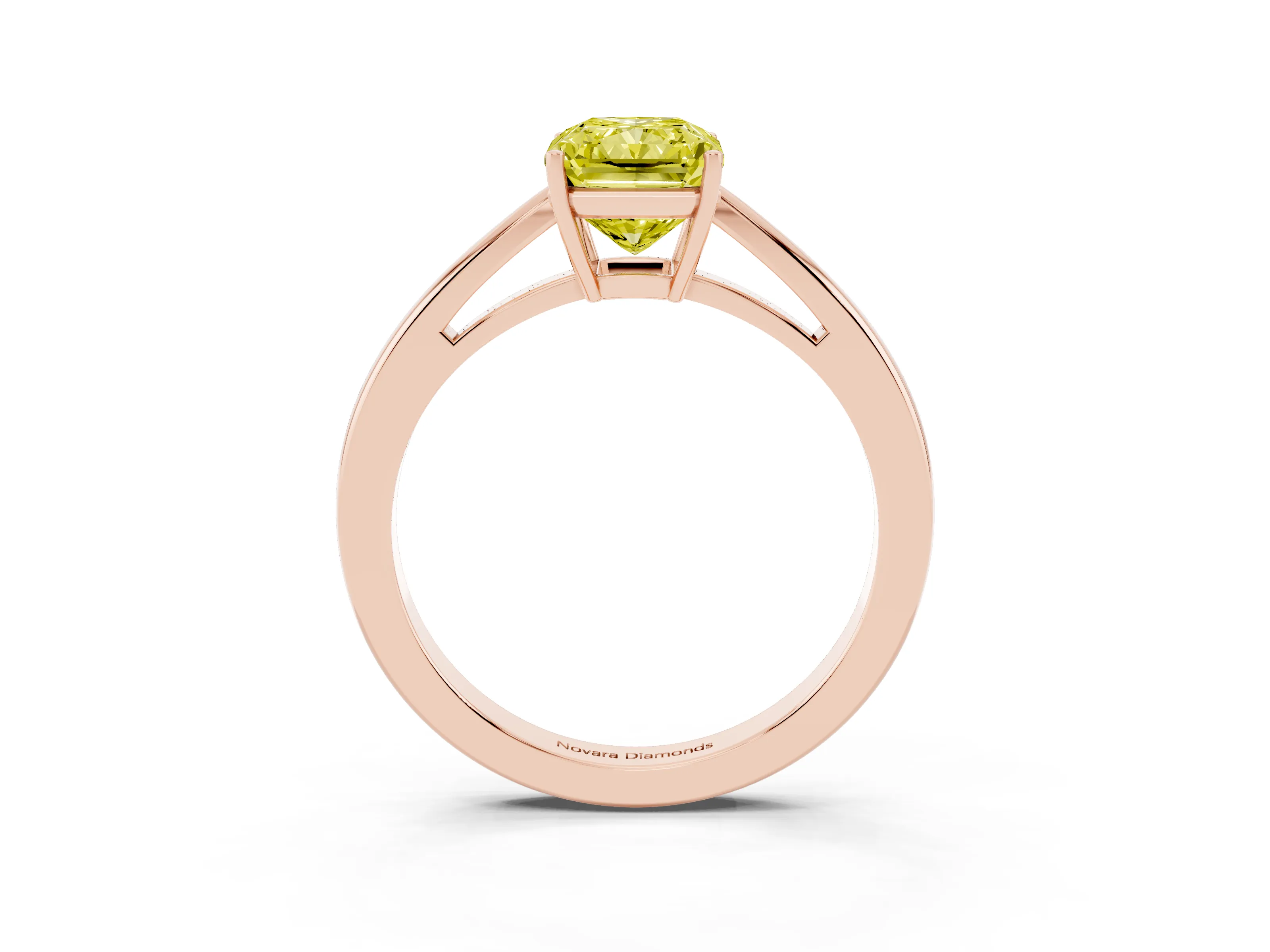 Fancy Yellow Radiant Cut Diamond Solitaire Ring Set in Rose gold with Split Shank and Prong Setting