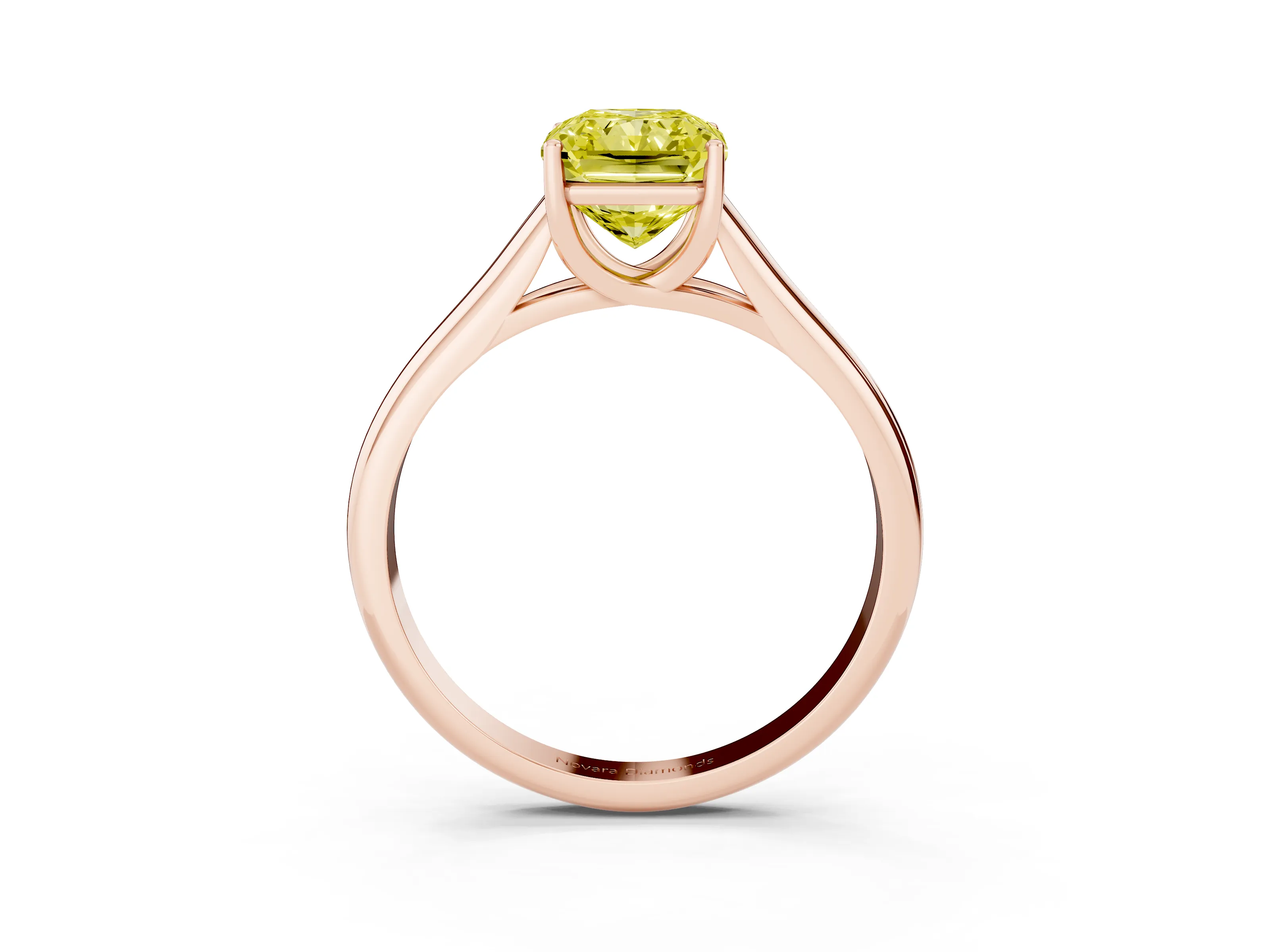 Fancy Yellow Radiant Cut Diamond Solitaire Engagement Ring Set in Rose gold with Subtly Tapered Band and Prong Setting
