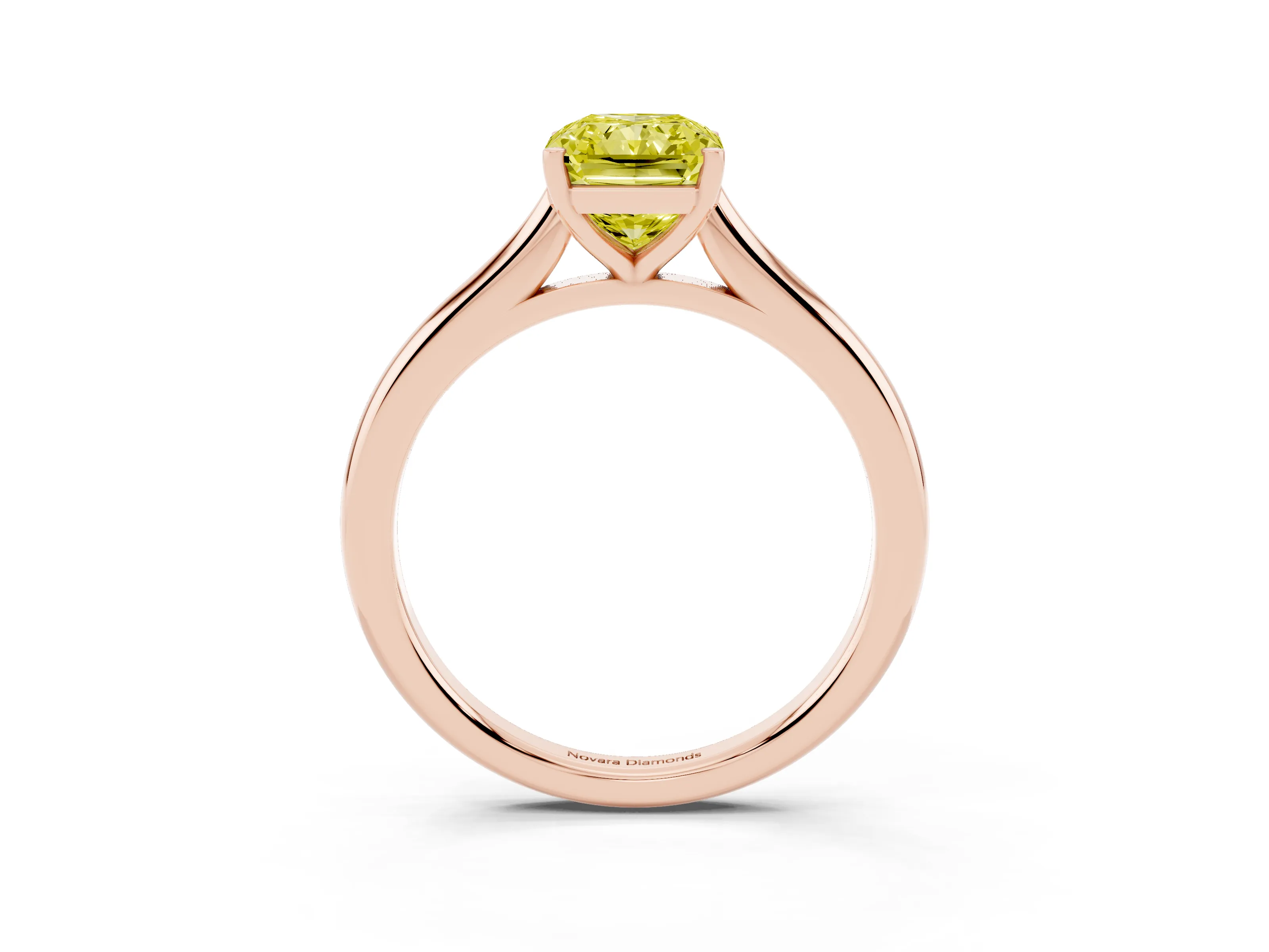Fancy Yellow Radiant Cut Diamond Solitaire Ring Set in Rose gold with Cathedral Band and Prong Setting
