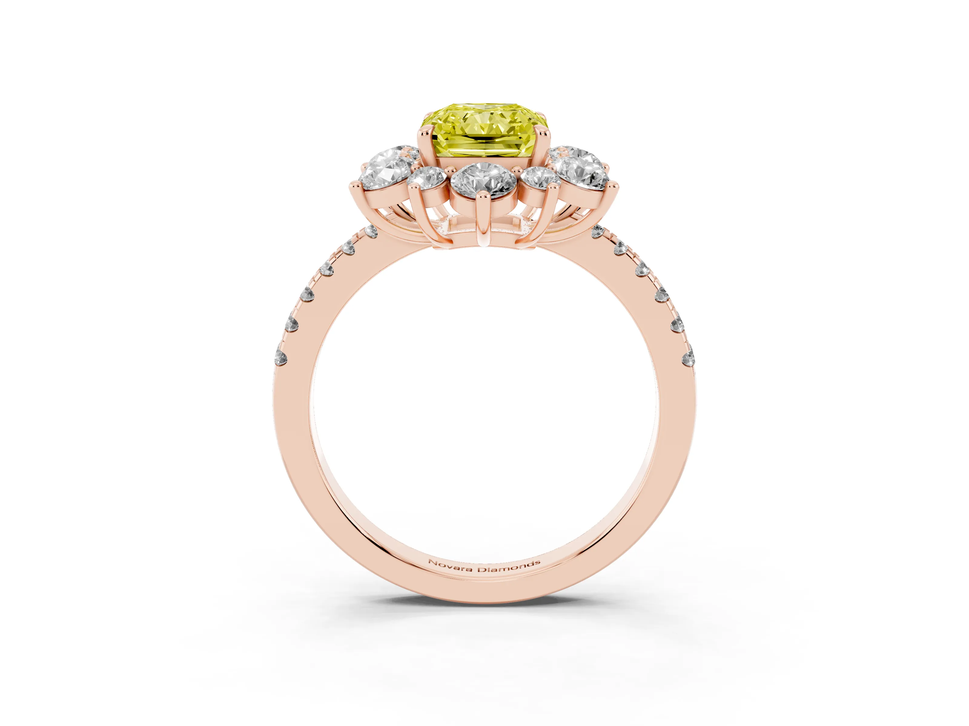 Fancy Yellow Radiant Cut Diamond Floral Halo Ring Set in Rose gold with Round Pavé Band and Prong Setting