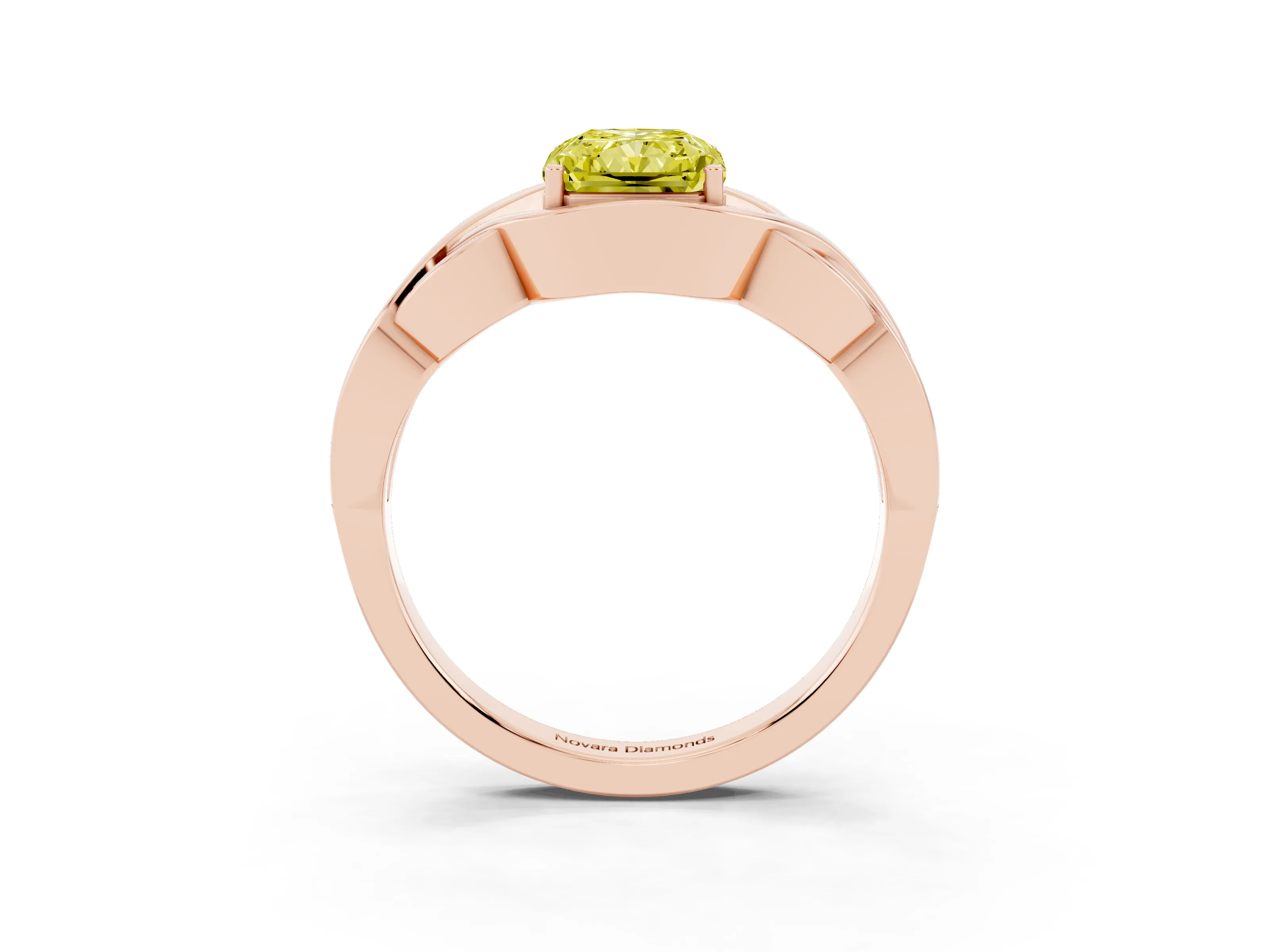 Fancy Yellow Radiant Cut Diamond Solitaire Ring Set in Rose gold with Intertwined Band