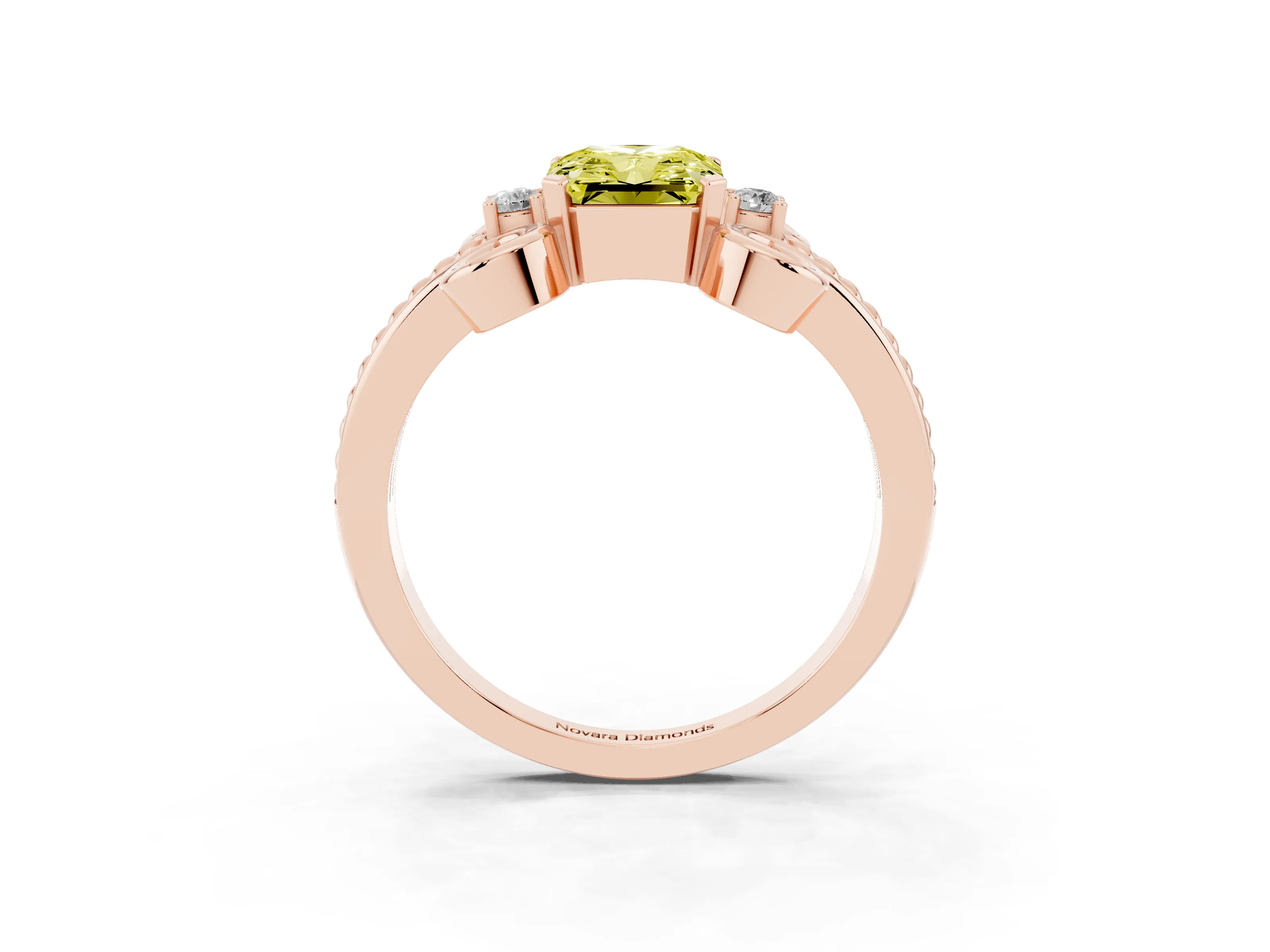 Fancy Yellow Radiant Cut Diamond Twisted Band Solitaire Ring Set in Rose gold with Scroll Prongs