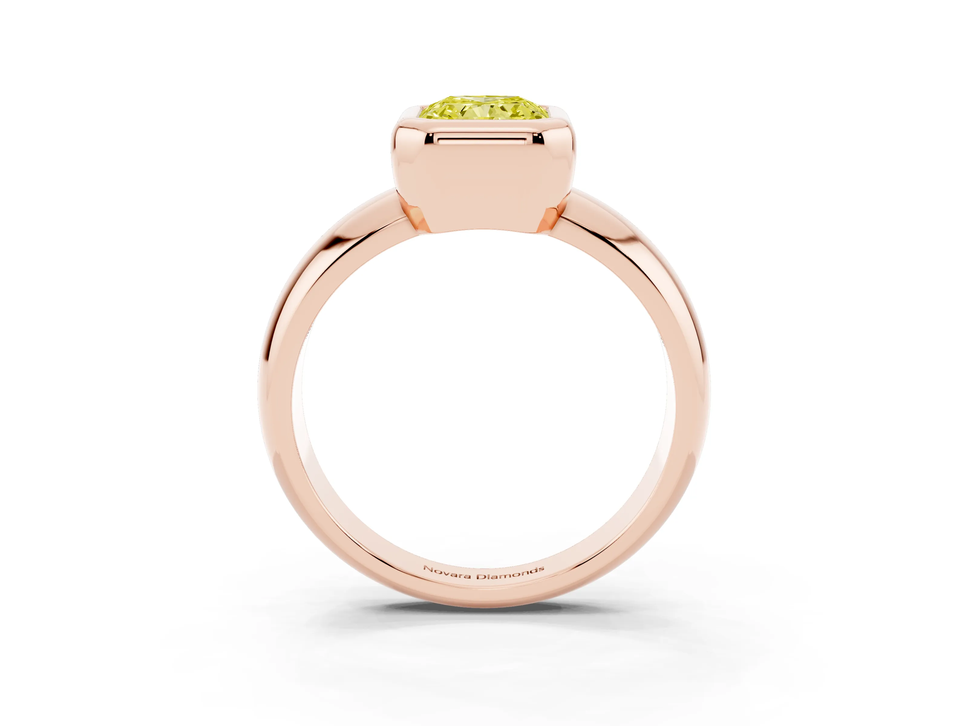 Fancy Yellow Bezel Set Radiant Cut Diamond Solitaire Ring Set in Rose gold with Wide Band