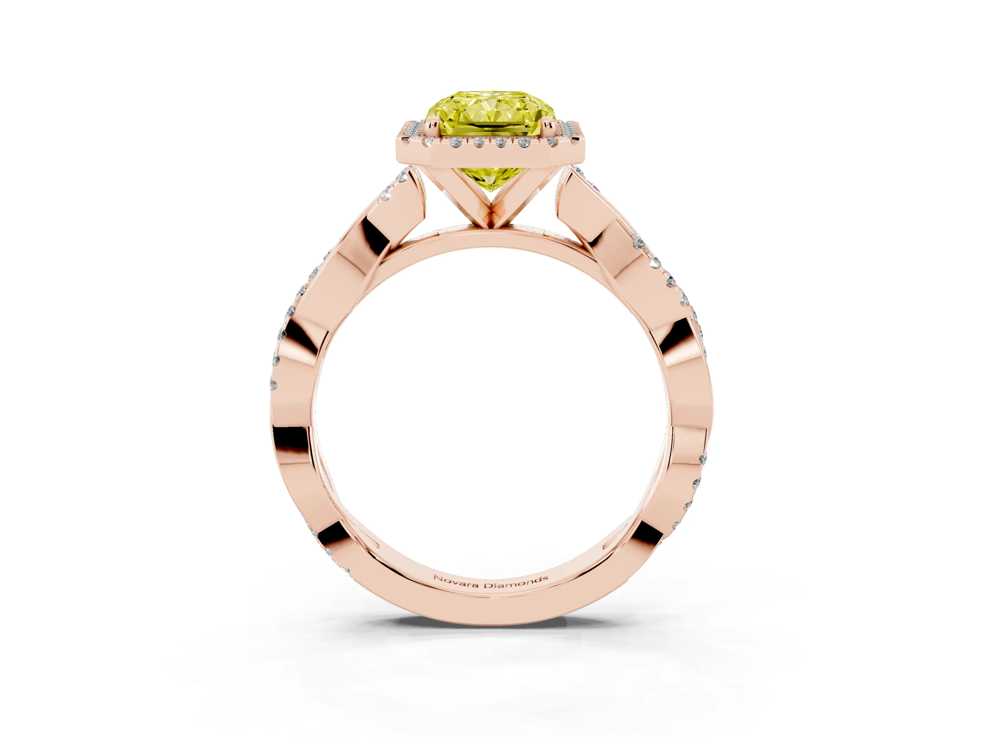 Fancy Yellow Radiant Cut Diamond Halo Twisted Band Ring Set in Rose gold with Prong Setting