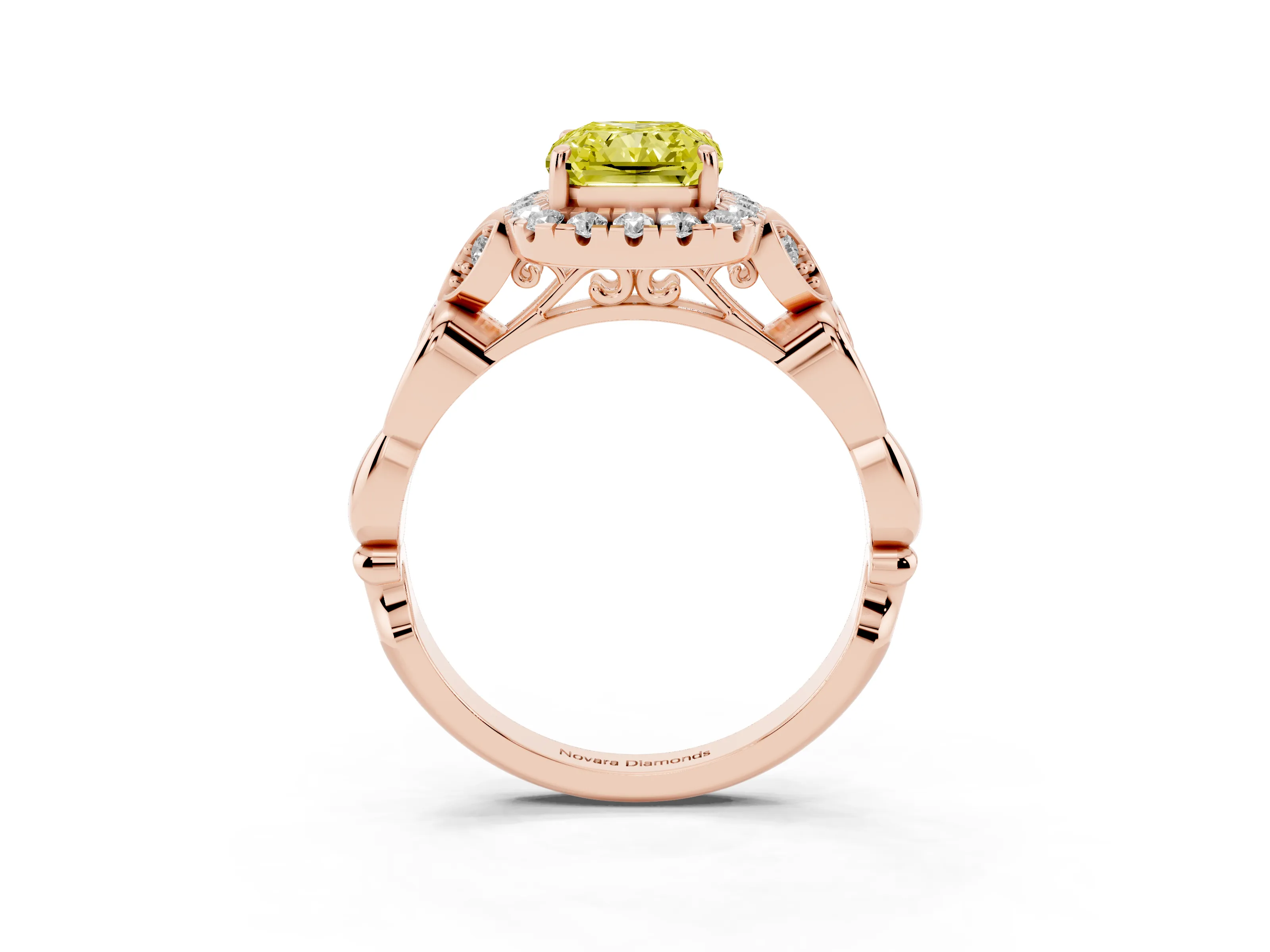 Fancy Yellow Radiant Cut Diamond Halo Engagement Ring Set in Rose gold with Vintage-Inspired Band and Prong Setting