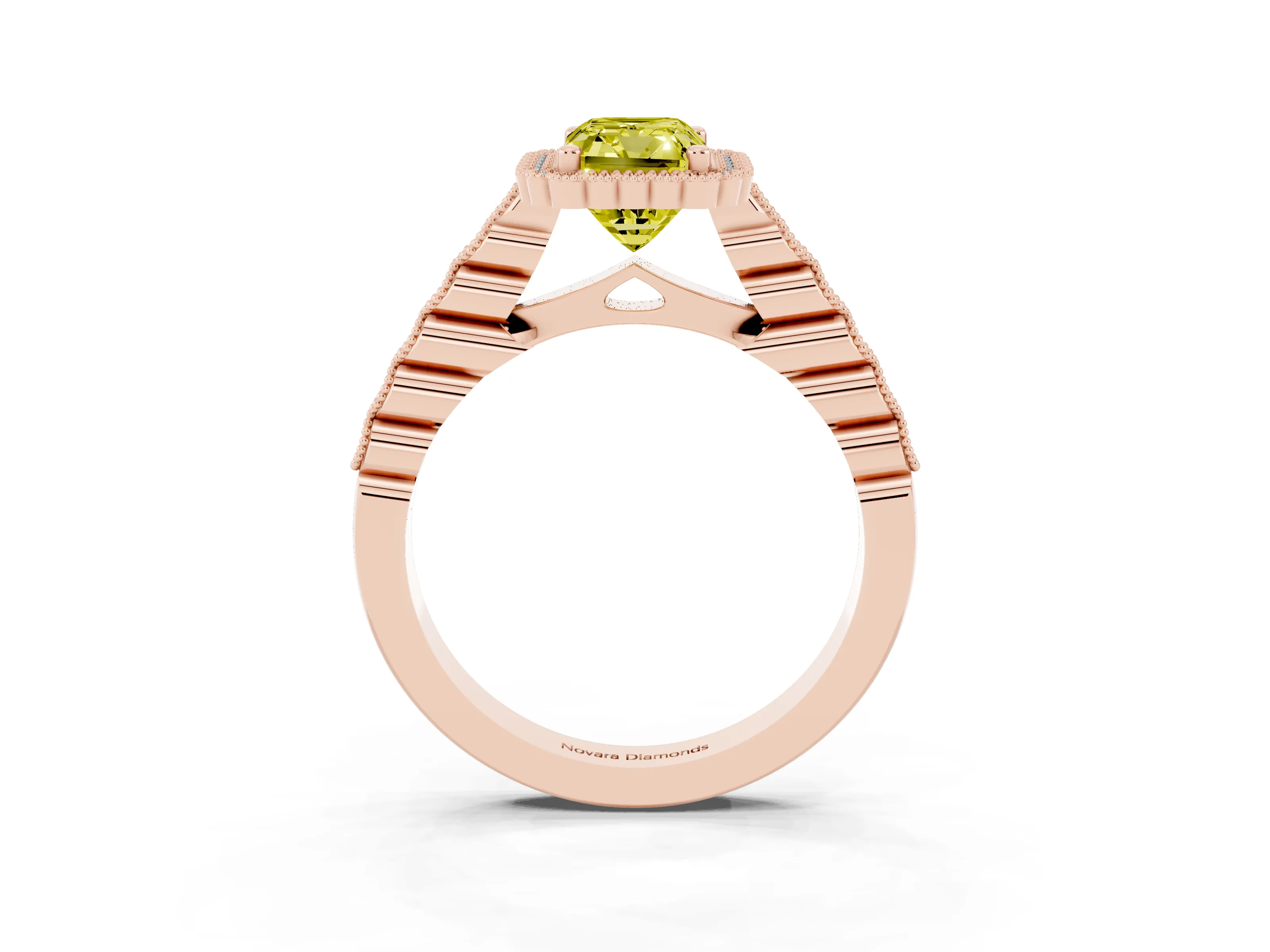 Fancy Yellow Radiant Cut Diamond Halo Ring Set in Rose gold with Pavé Milgrain Band