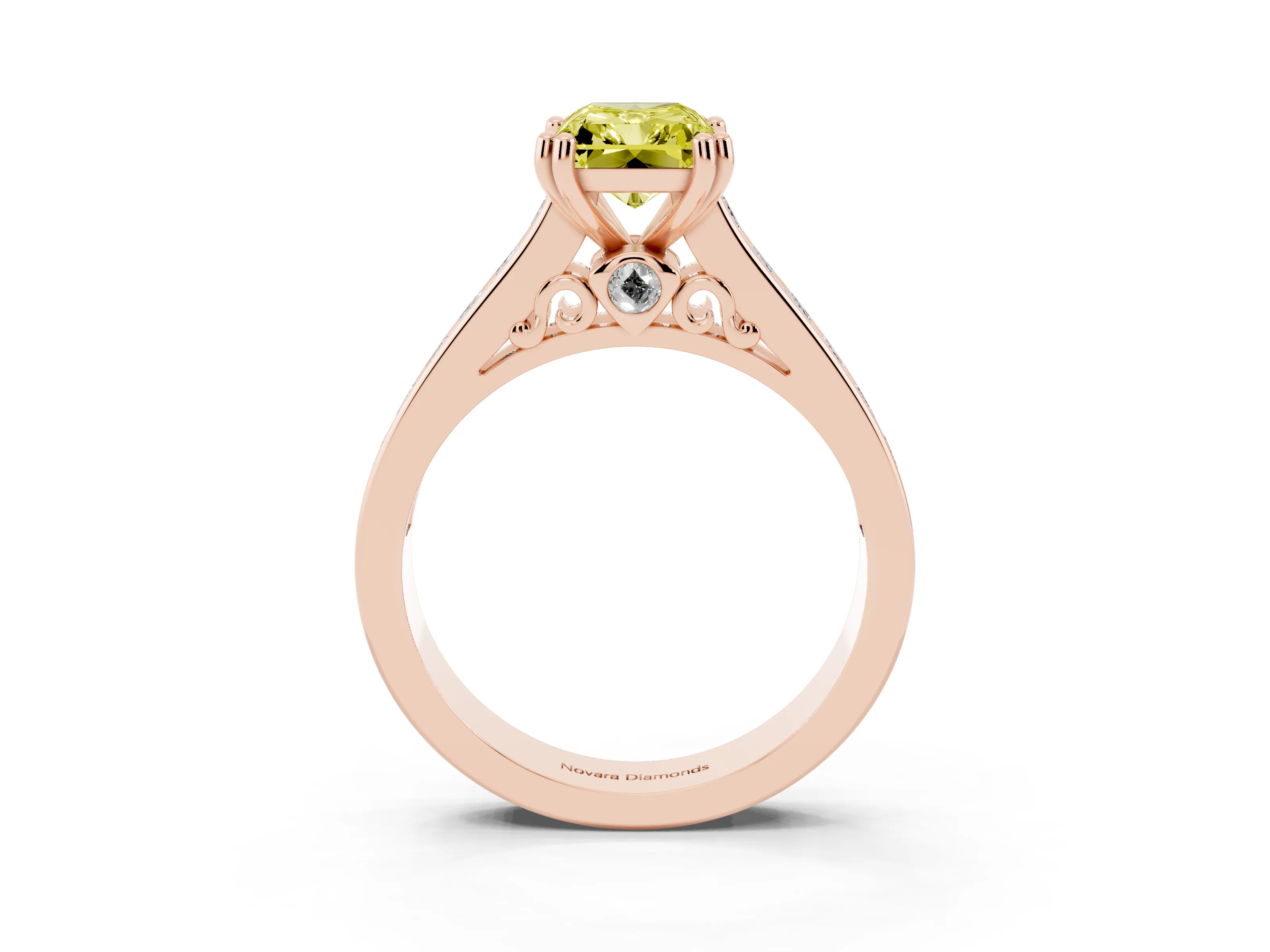 Fancy Yellow Radiant Cut Diamond Channel Set Solitaire Engagement Ring Set in Rose gold with Prong Setting