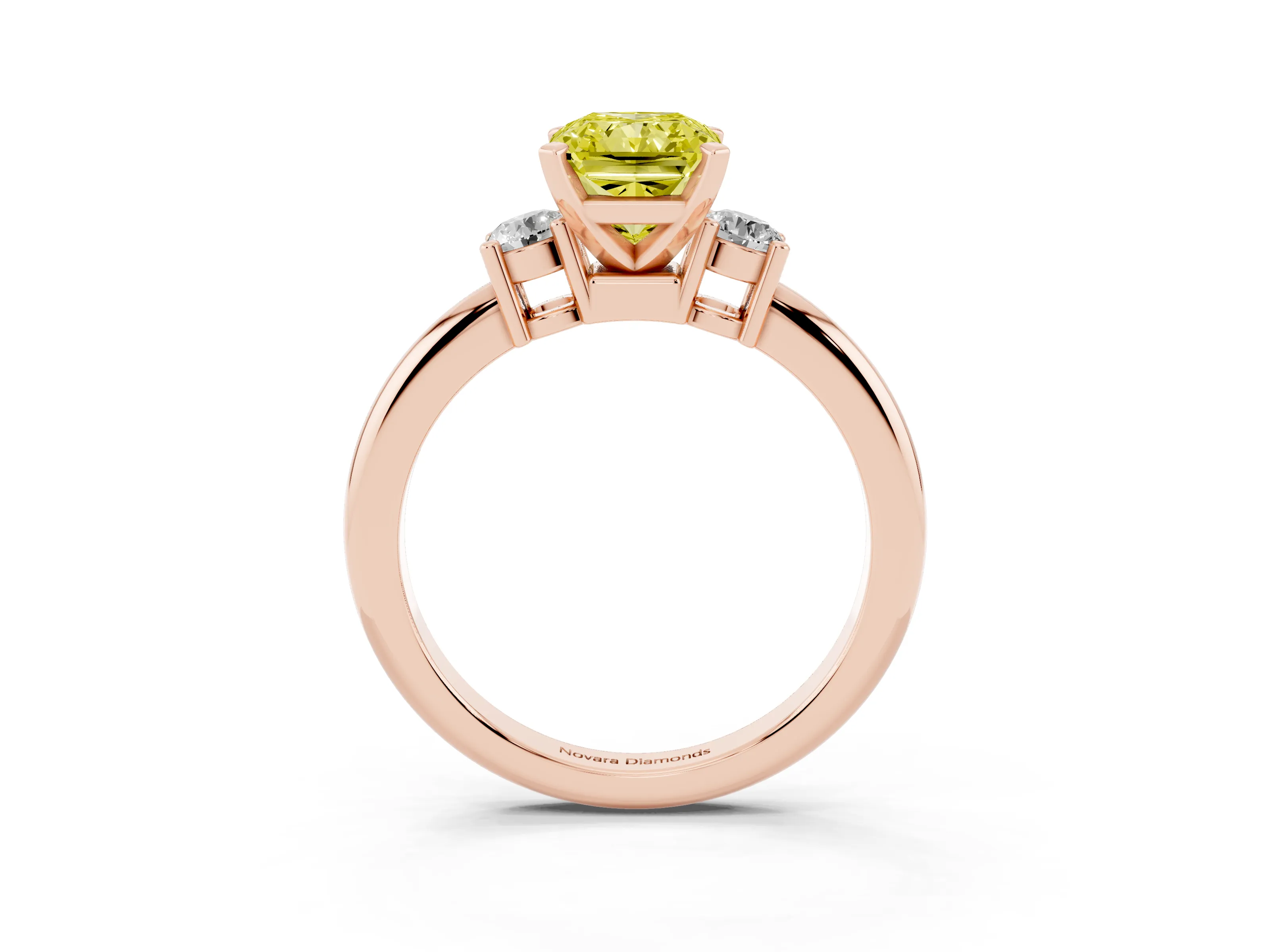 Fancy Yellow Three-Stone Radiant Cut Diamond Ring Set in Rose gold with Prong Setting and Plain Band