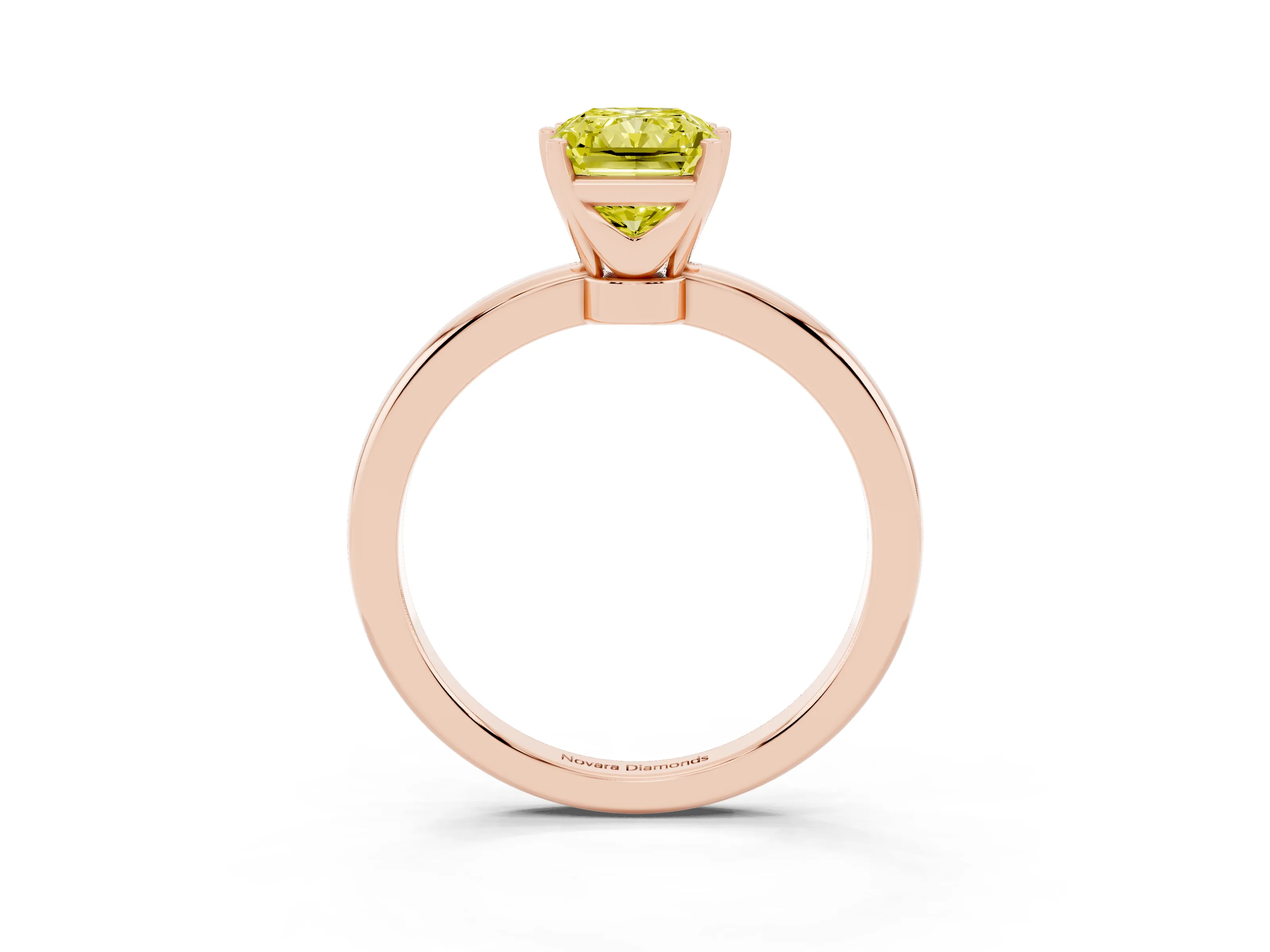 Fancy Yellow Radiant Cut Diamond Solitaire Ring Set in Rose gold with Raised Prong Setting on a Classic Band