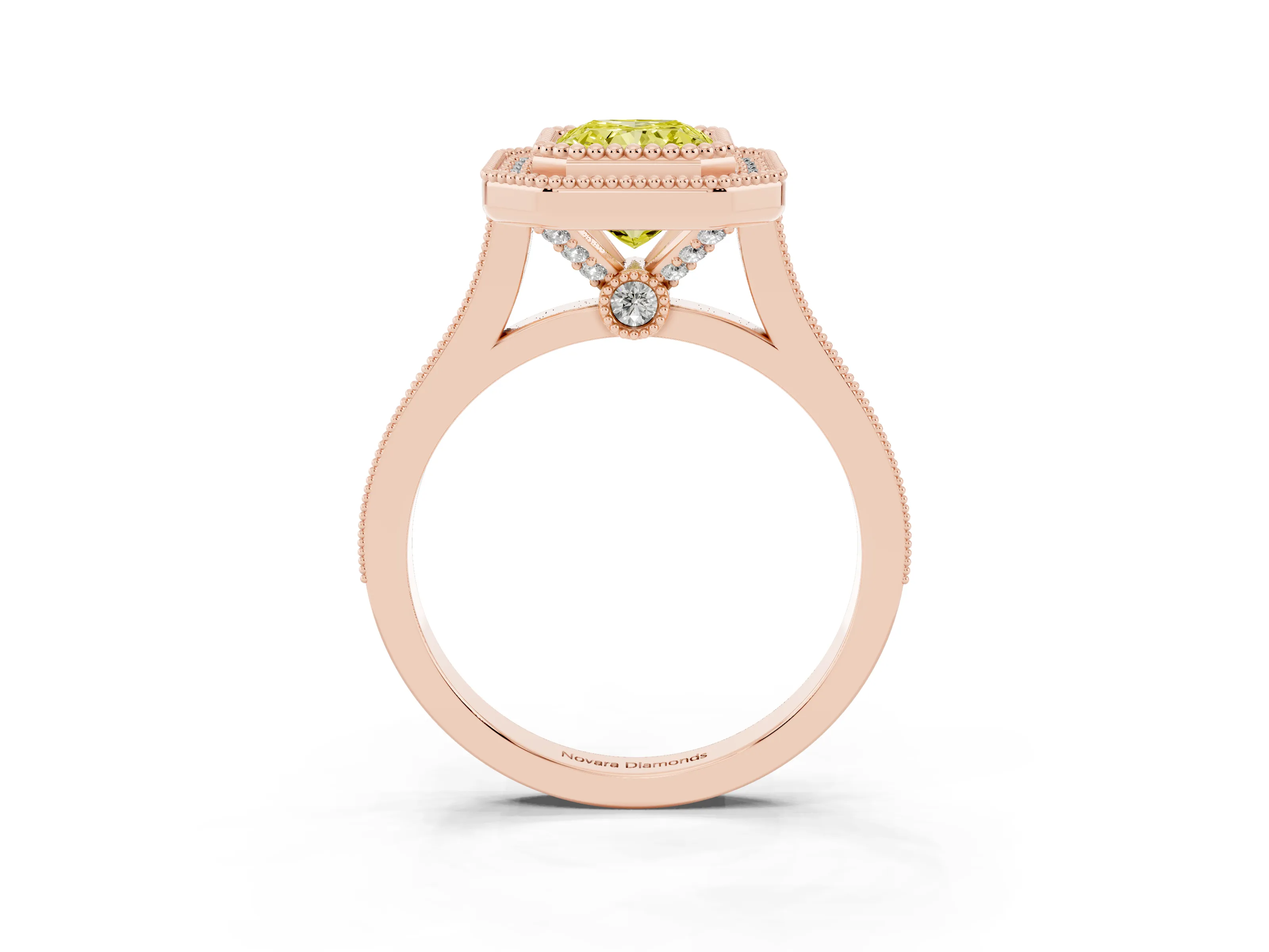 Fancy Yellow Radiant Cut Diamond Halo Ring Set in Rose gold with Milgrain Frame and Pavé Band