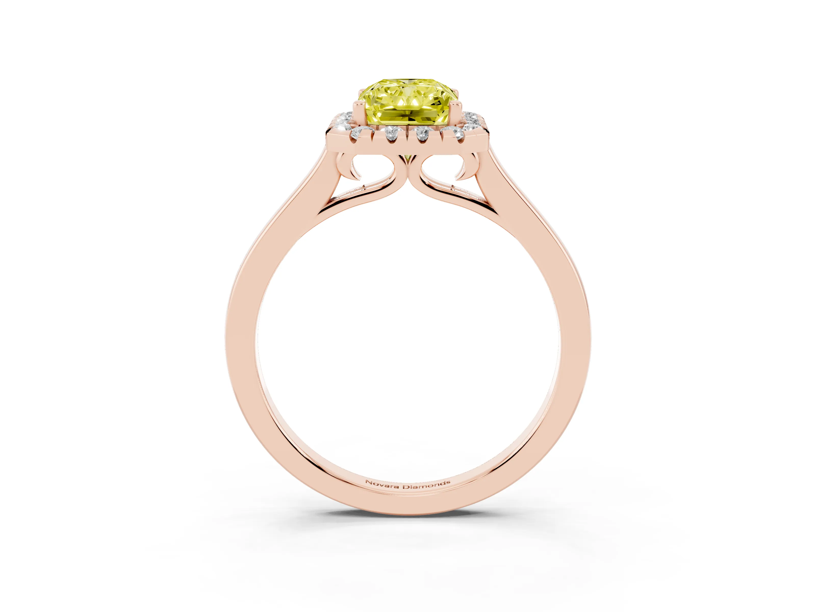 Fancy Yellow Radiant Cut Halo Round Diamond Solitaire Ring Set in Rose gold with Pavé Band and Prong Setting