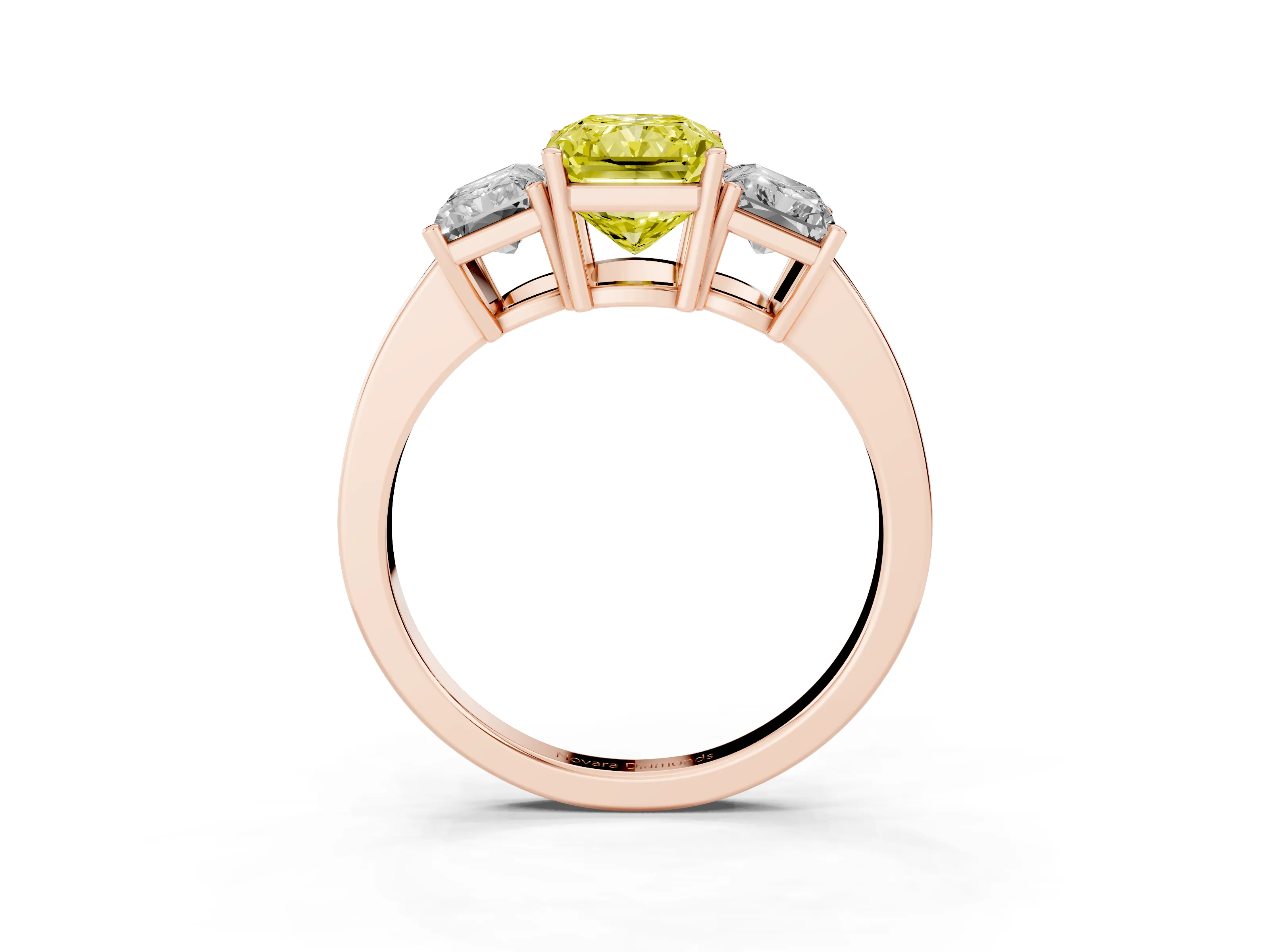Fancy Yellow Radiant Cut Diamond Three-Stone Engagement Ring Set in Rose gold with Flat Band