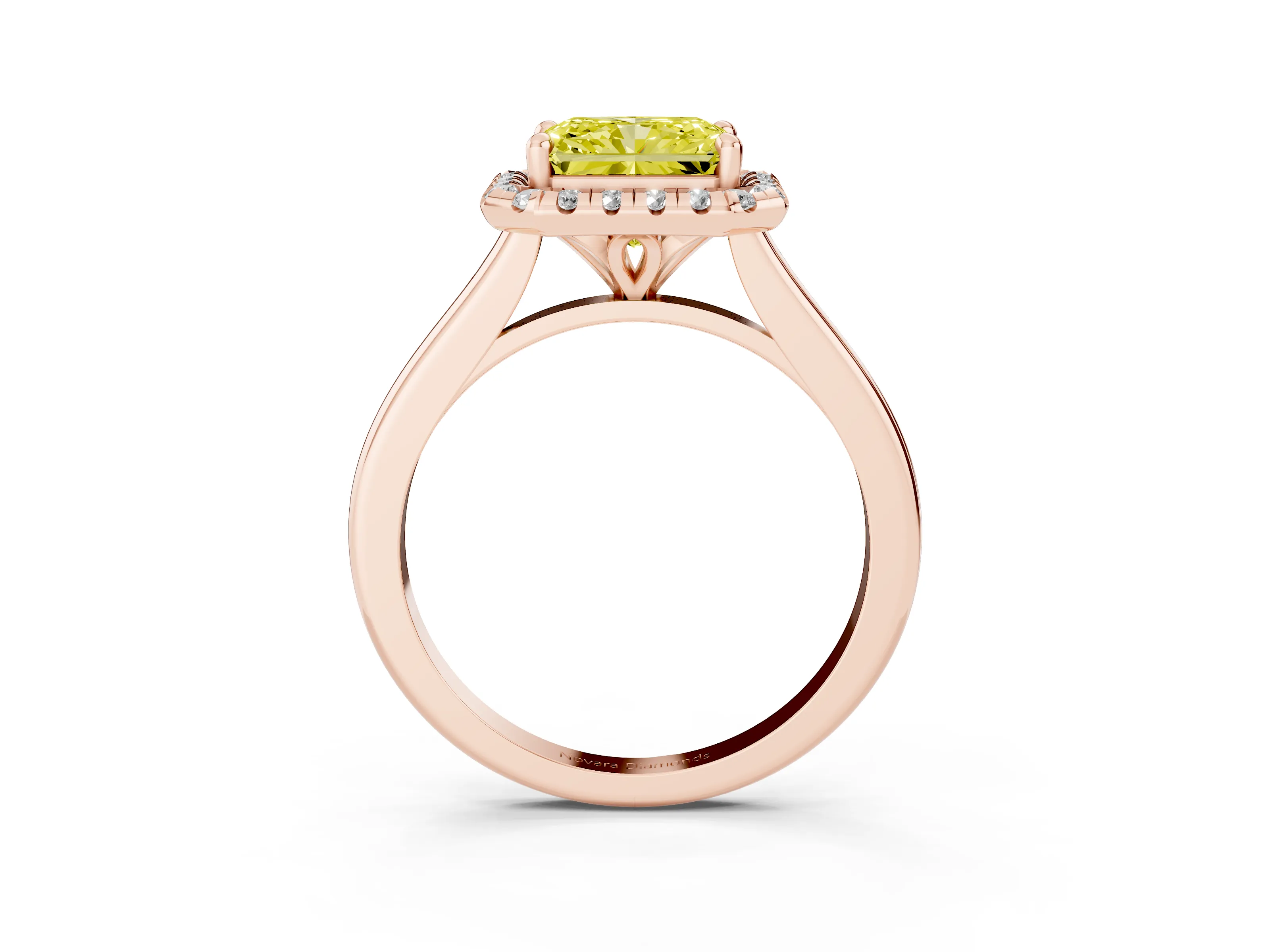 Fancy Yellow Radiant Cut Diamond Halo Engagement Ring Set in Rose gold with Pavé Band and Rising Shoulders