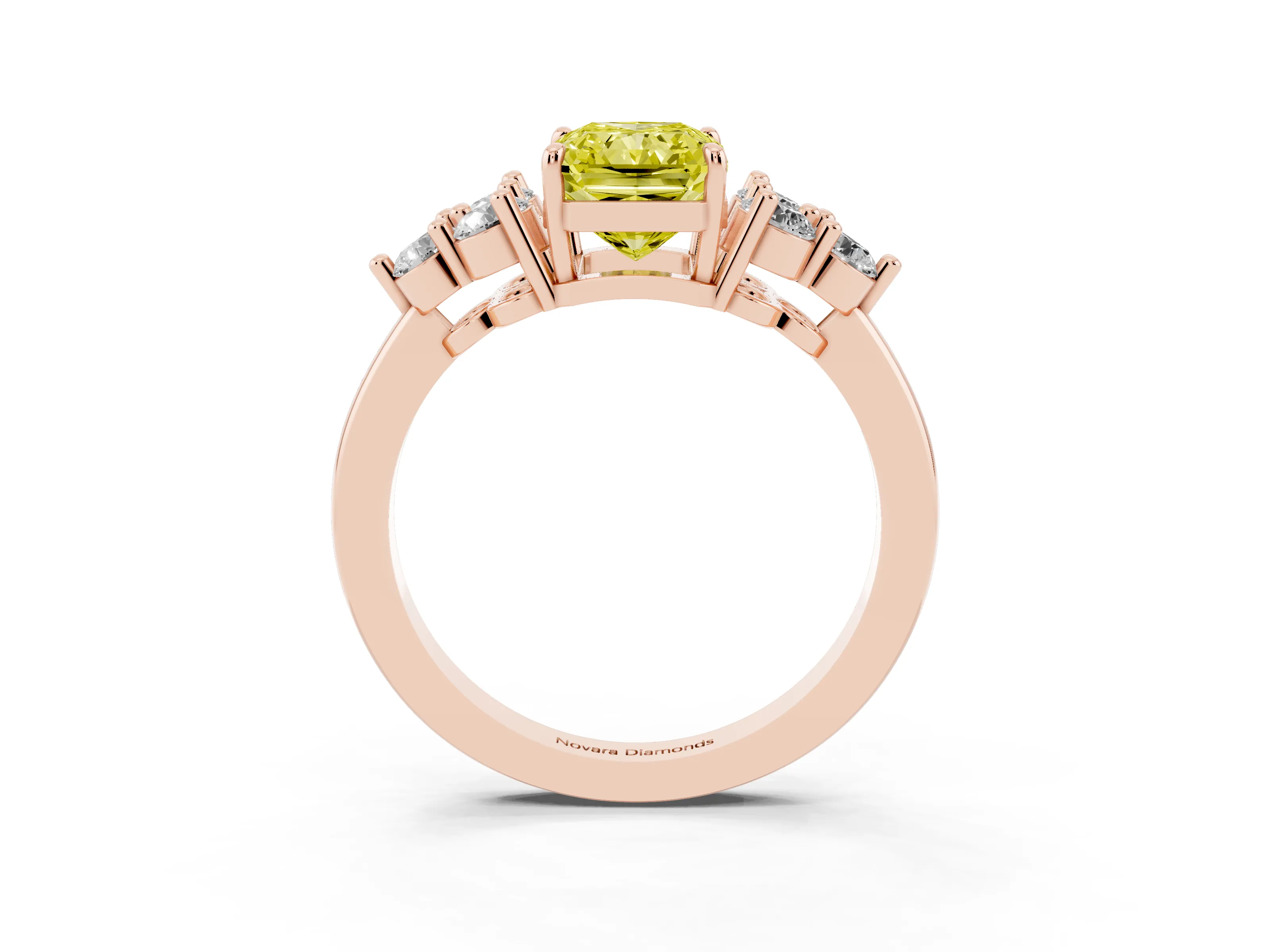 Fancy Yellow Radiant Cut Diamond Solitaire Ring Set in Rose gold with Cluster Accents on Each Side