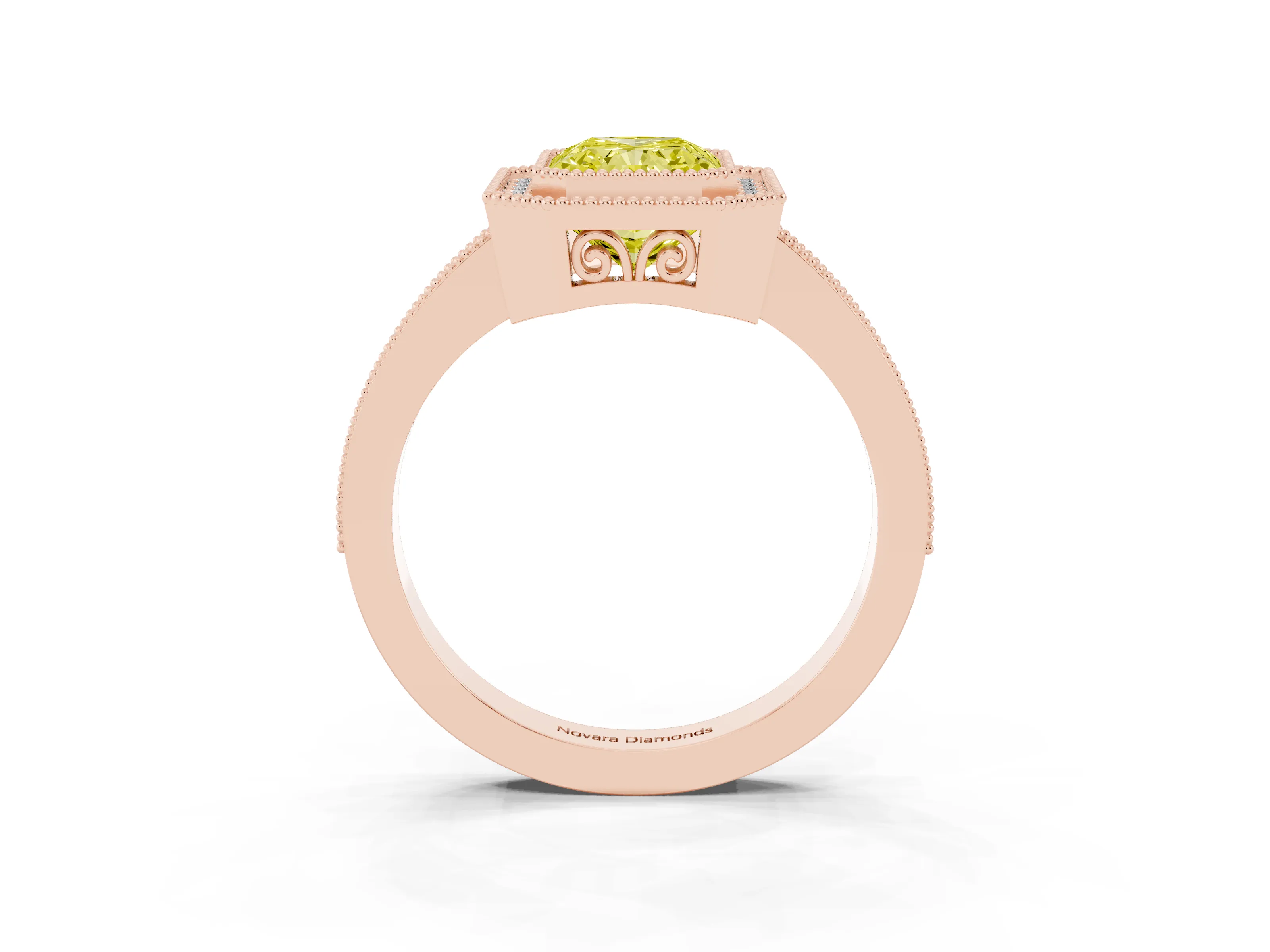 Fancy Yellow Radiant Cut Diamond Halo Ring Set in Rose gold with Pavé Band and Milgrain-Edged Prongs