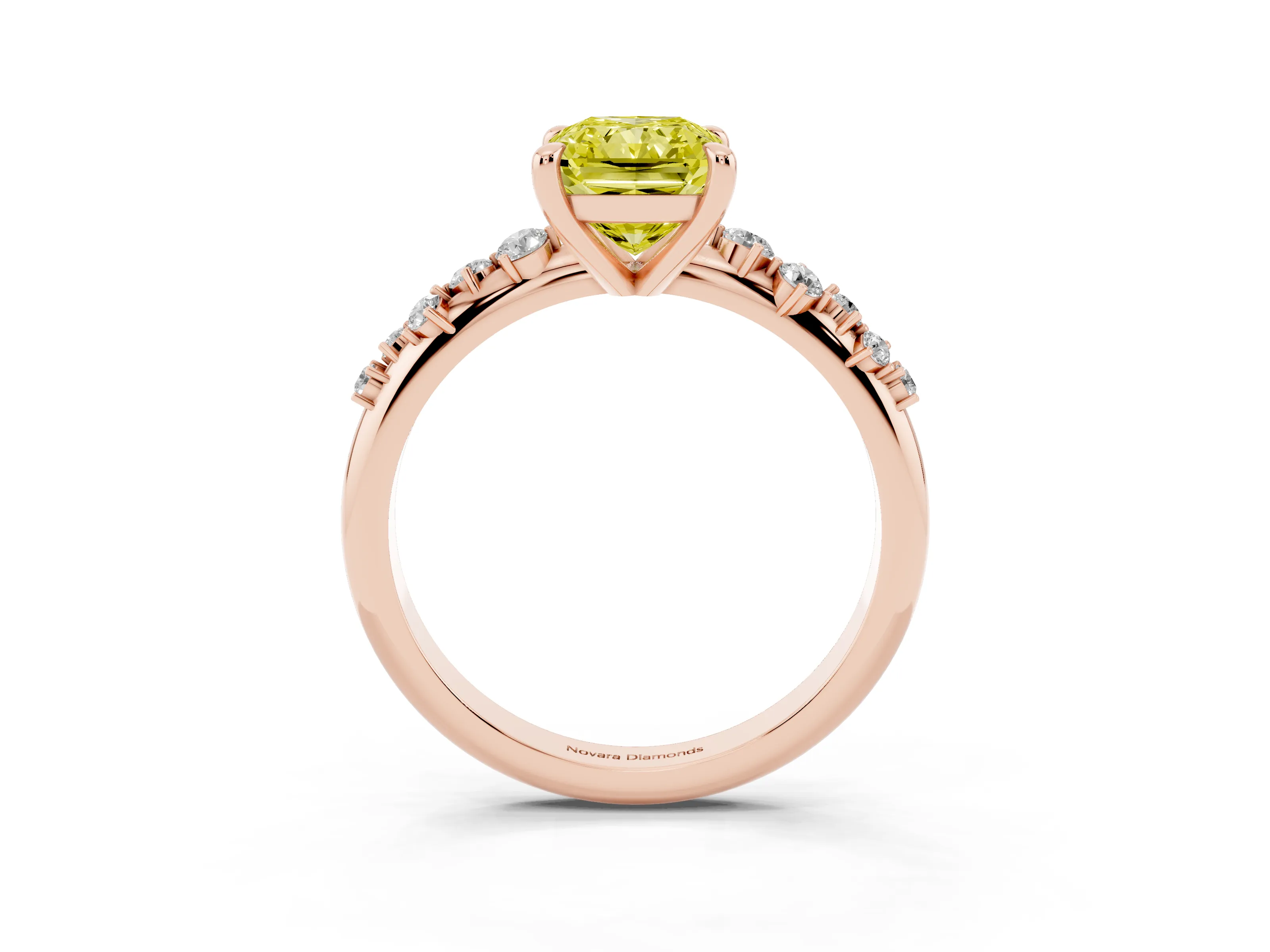Fancy Yellow Radiant Cut Diamond Solitaire Vine Band Ring Set in Rose gold with Round Accents and Prong Setting